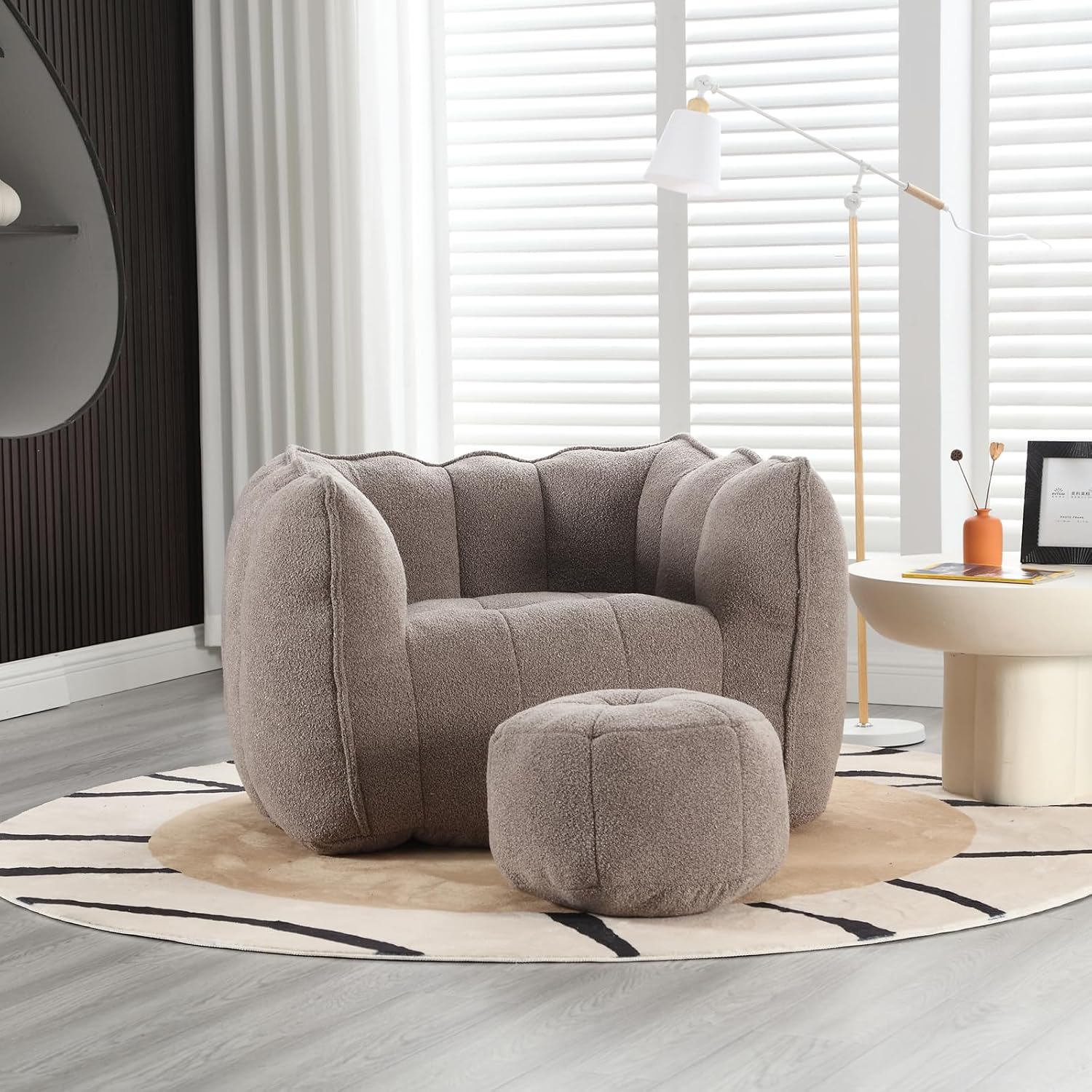 Giant Bean Bag Chair with Ottoman, Oversized Beanbag Chair for Adults, Comfy Floor Sofa Chair with Foam Filler, Pumpkin Lazy Lounger for Living Room, Game Room, Reading Corner, Chenille Taupe Brown