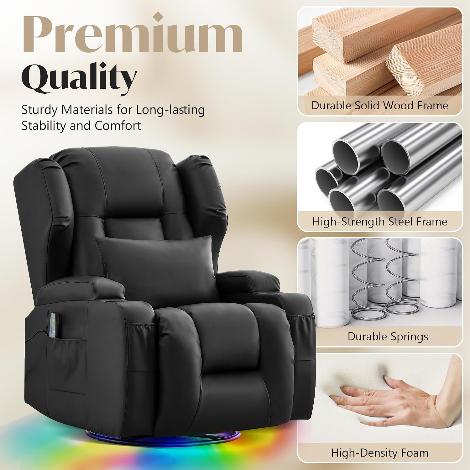 Power Swivel Rocker Recliner Chair for Adults, Dual-Motor Power Recliner with Independent Back & Footrest, Massage & Heat, 3-Sided Lights, USB, Cup Holder, Glider Rocking Chair for Living Room, Black