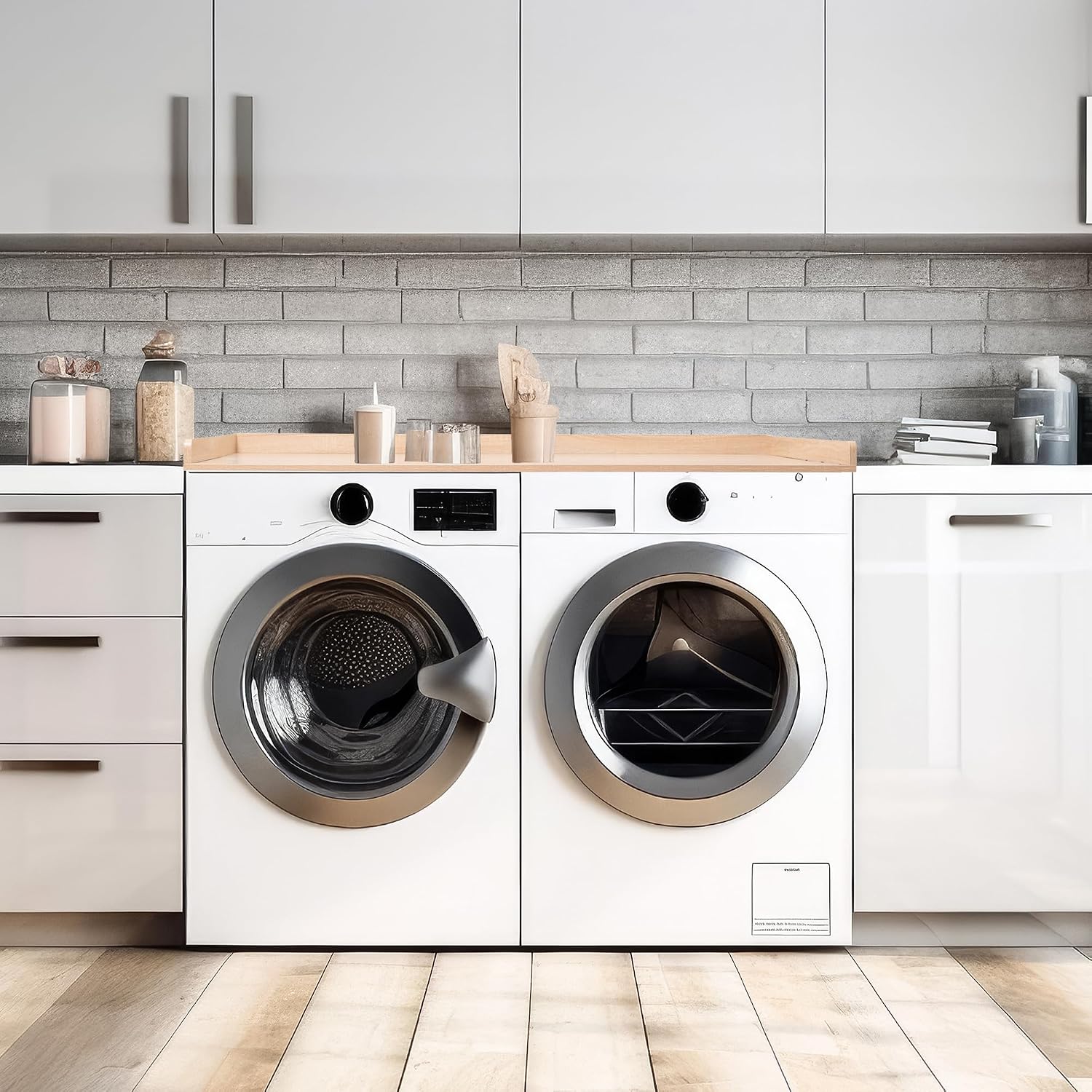 Life Finds 54 inch Washer Dryer Countertop with Safety Ledge for Laundry Room Organization, Light Wood, LF-WDCT1C