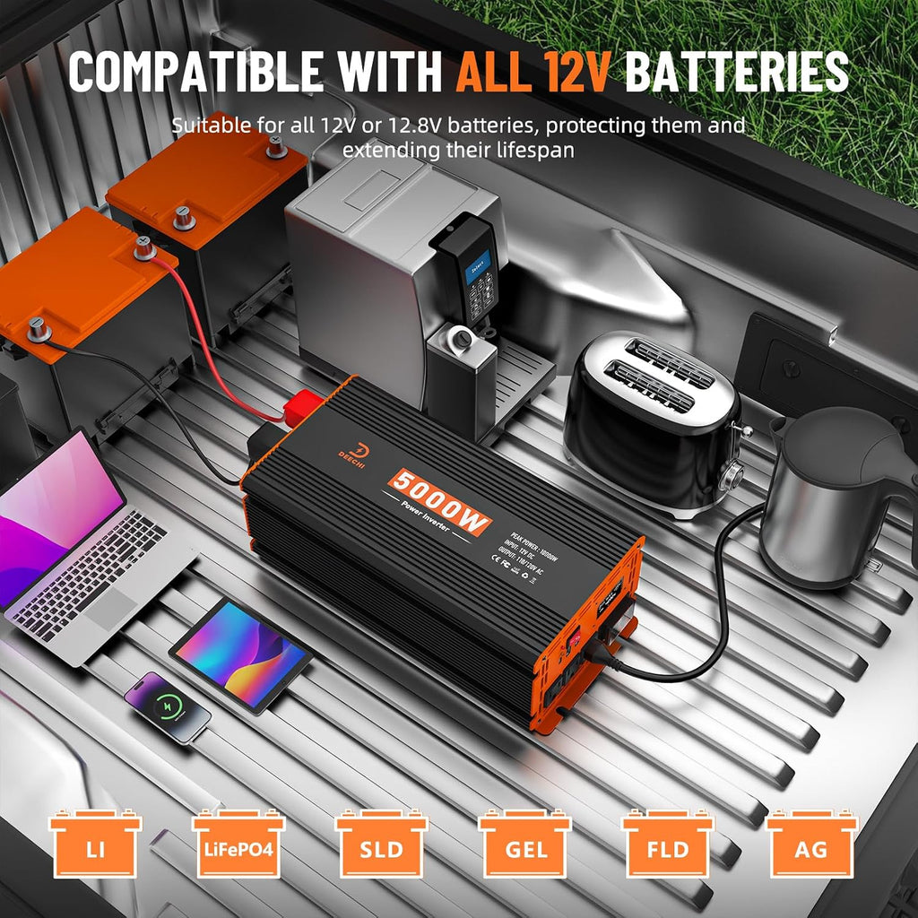 5000W Power Inverter 12V DC to 110V/120V AC Converter for RV/Truck/Boat/Camping/Off-Grid Solar Car Power Inverter Peak Power 10000W with 3 AC Outlets,USB & Type-C Port, Remote Controller & LCD Screen
