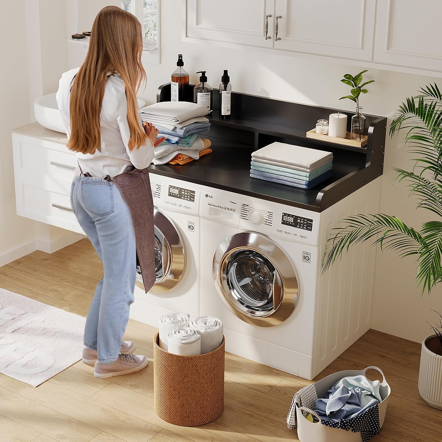 2-Tier Washer Dryer Countertop with 2.75'H Edge Rails, 54' W x 27.55' D Laundry Countertop for Folding Clothes, Washer and Dryer Topper with Non-Slip Pad (Black)