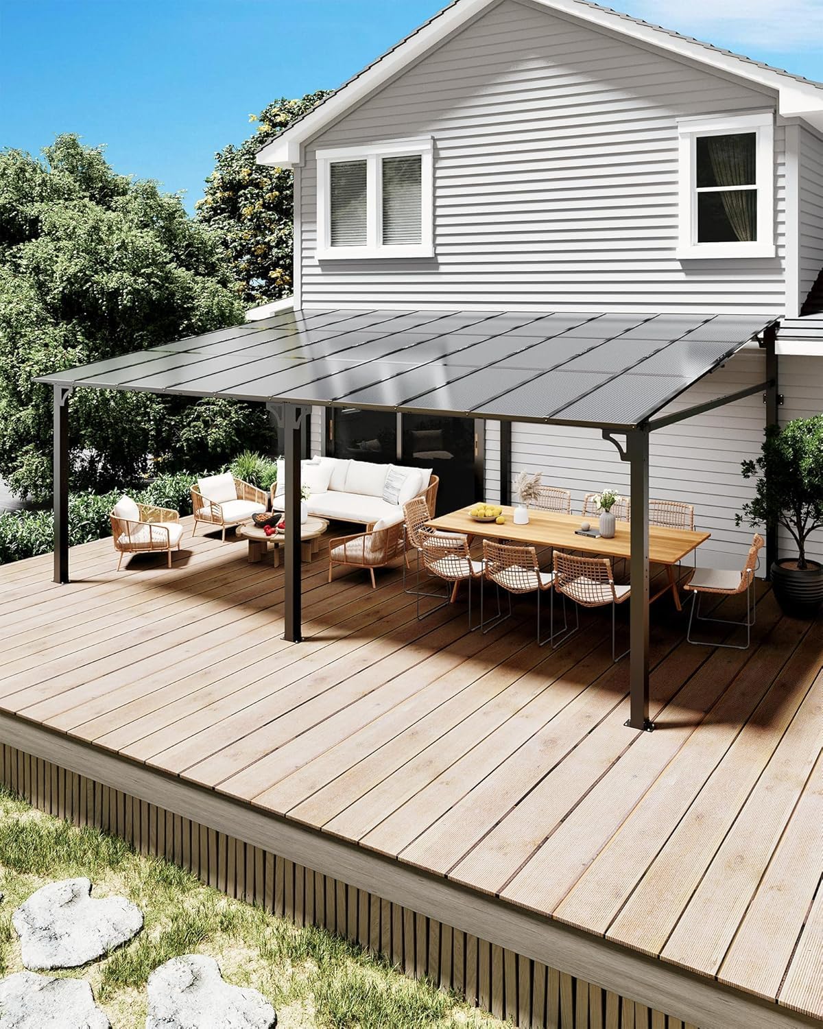 12x20 FT Gazebo for Patio, Wall Mounted Lean to Hardtop Gazebo Pergola with 6Mm Sloped Roof Heavy Duty Awnings for Porch, Decks, Backyard to Shade & Rain