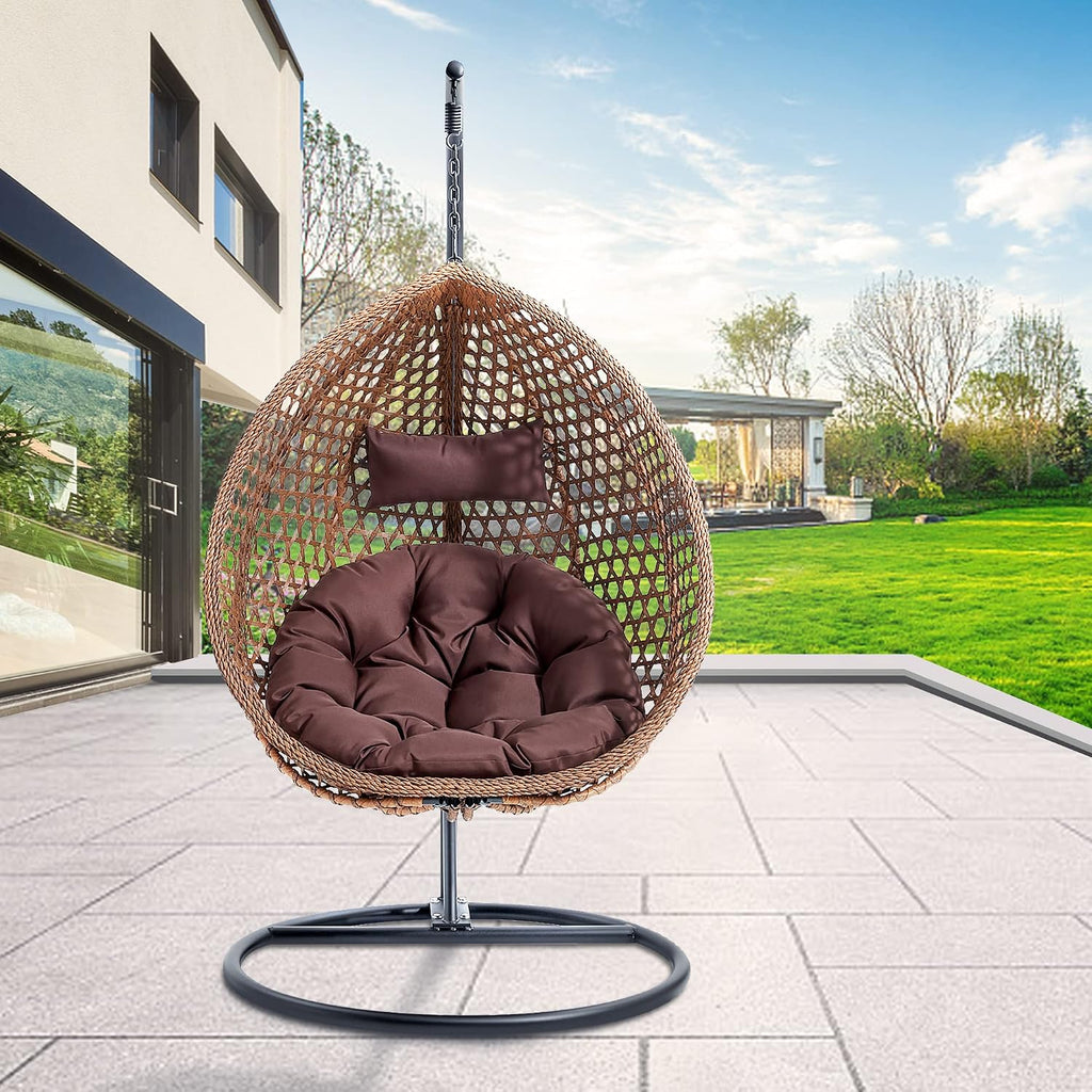 Egg Swing Chair with Stand,Brown Swing Egg Chair with Stand, Rattan Hanging Egg Chairs with Soft Cushion, Outdoor Hanging Chair with Foldable Basket & Metal Stand for Bedroom Patio (Brown)