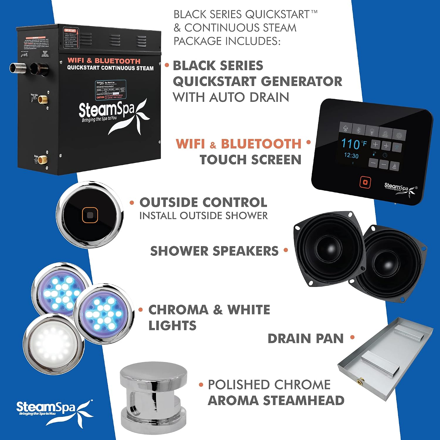 Generator with Quick Start Continuous Steam Technology, Wi-Fi, Bluetooth and Autodrain | 6kW Steam Generator with Chrome Steam Head with Aromatherapy Reservoir | FG-RVB600CH-A