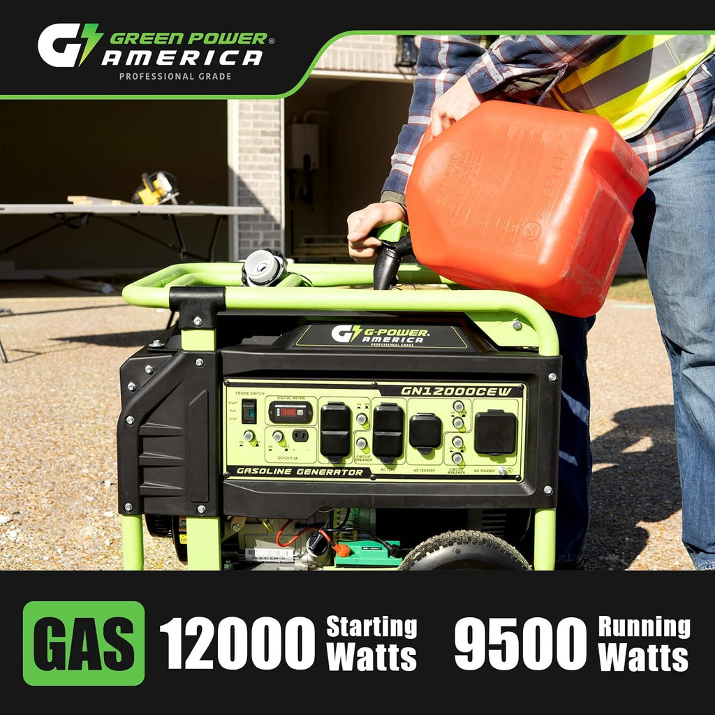 Green-Power America 12000 Watt Gasoline Powered Portable Generator, Recoil/Electric Start, 12V-8.3A Charging Outlets, Home Back Up & RV Ready, 49 State Approved