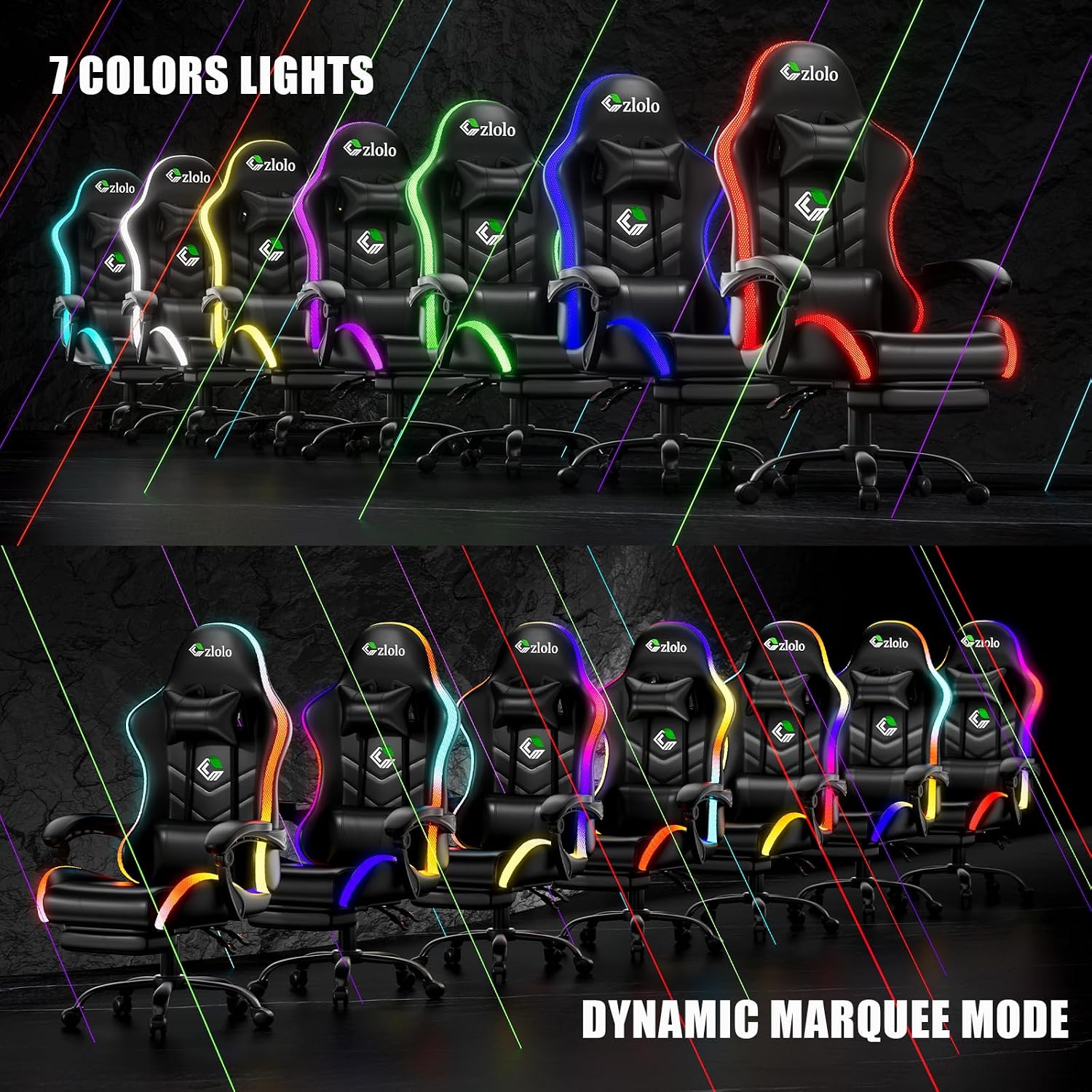 Czlolo Gaming Chair, 2026 Upgraded RGB LED Lights Computer Chair with Footrest, Lumbar Support Massager Gamer Chair, High Back, 90-135° Reclining, Linkage Armrests, Black
