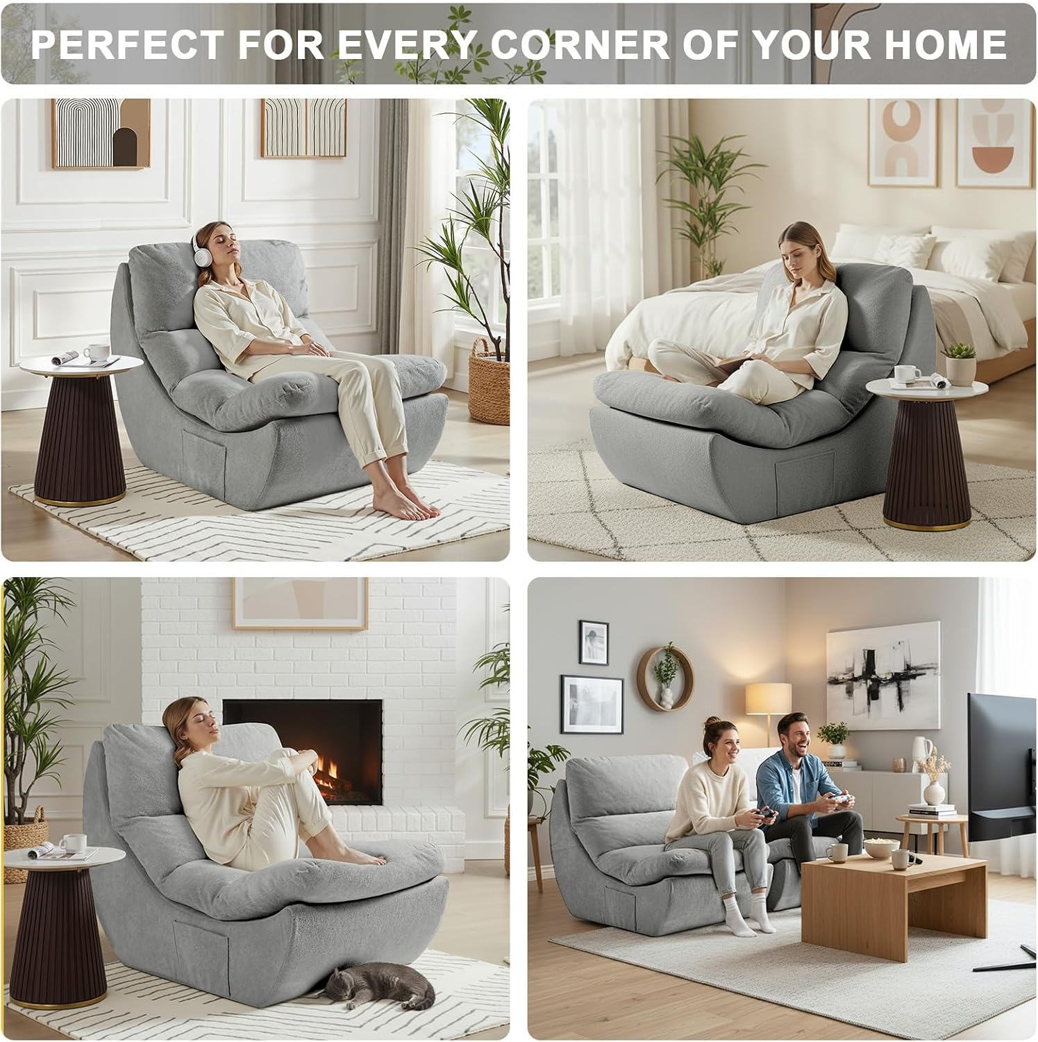 Set of 3 Giant Bean Bag Chairs for Adults, Boneless Lounge Chair, Togo Sofa, Fireside Chair, Anti Cat Scratch Fabric with Machine Washable, Single Sofa for Bedroom, Living Room, Reading Corner (Grey)