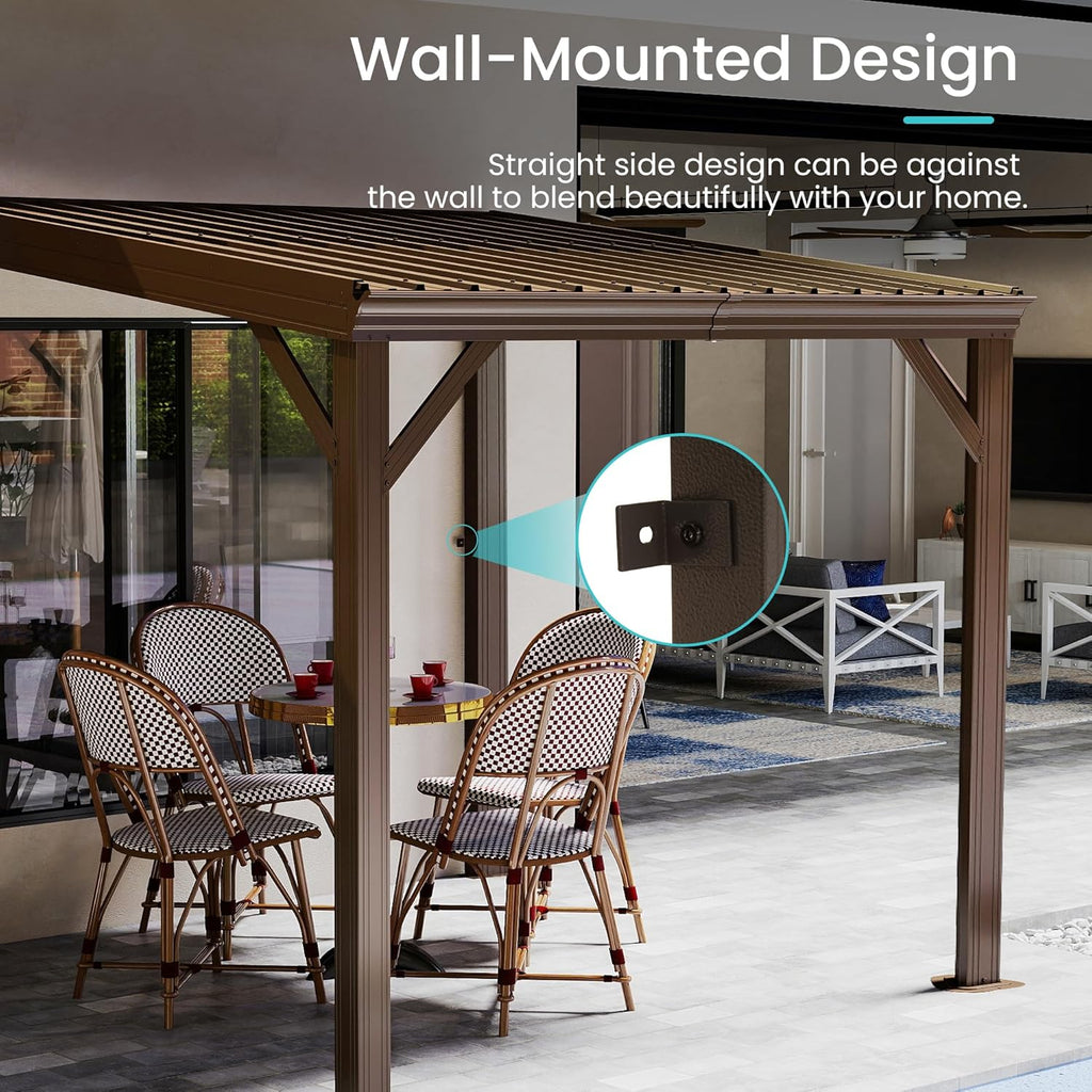 Domi 8' x 8' Lean to Gazebo, Wall Mounted Gazebos Pergola with Built in Drainage System, Galvanized Steel Roof, Hardtop Patio Shelter for Deck, Porch, Backyard and More,Brown