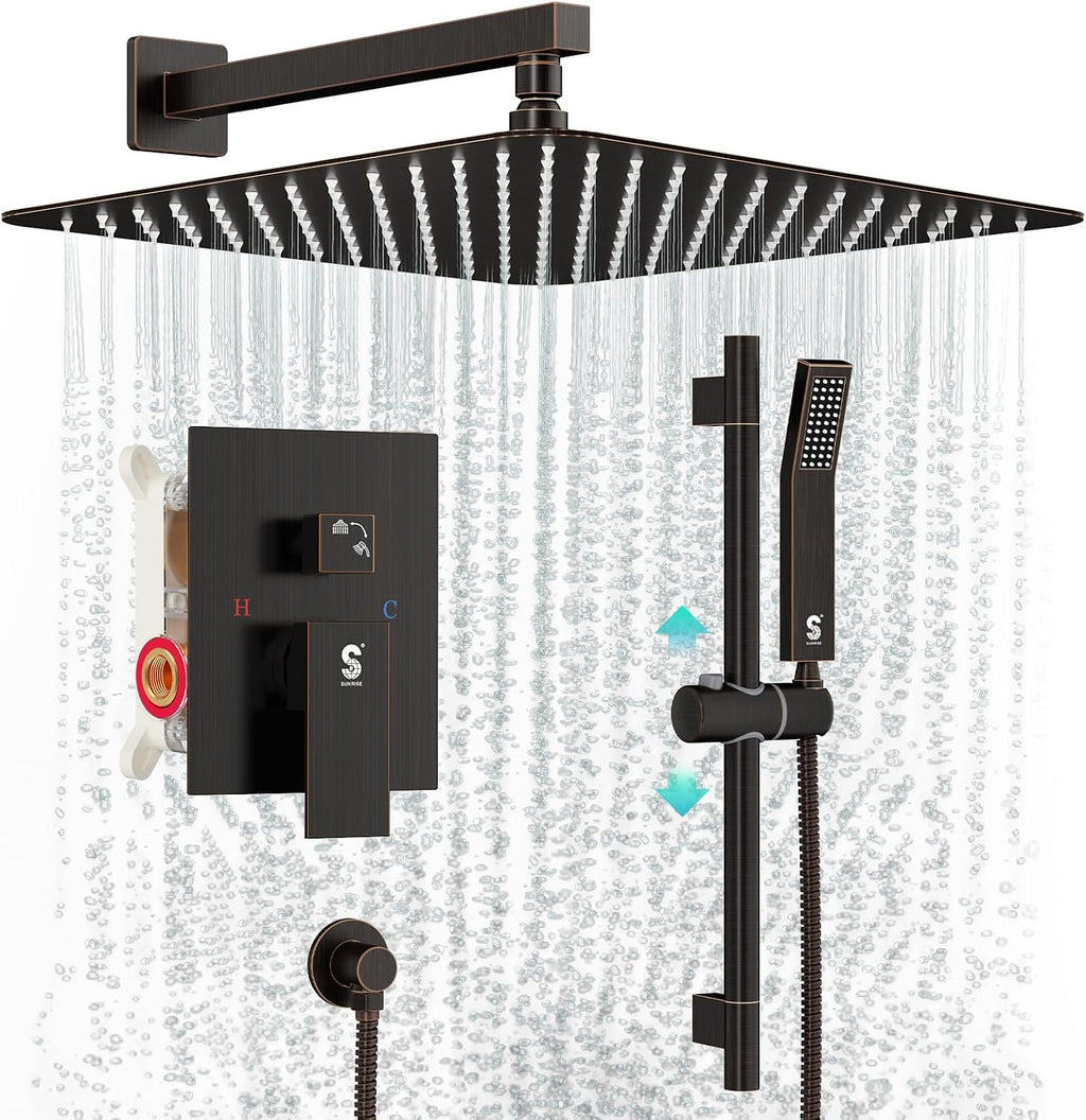 SR SUN RISE 12 Inch Oil Rubbed Bronze Shower Faucet Set, Wall-Mount Adjustable 16-Inch Slide Bar with Square Hand Shower System Included Valve and Trim Kit