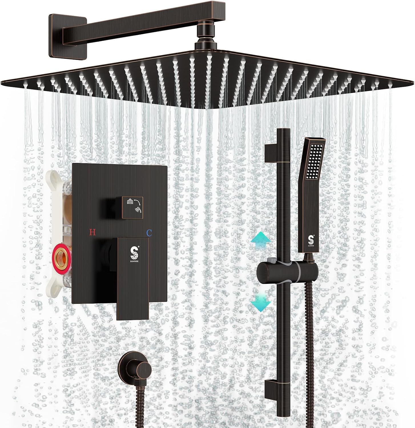 SR SUN RISE 12 Inch Oil Rubbed Bronze Shower Faucet Set, Wall-Mount Adjustable 16-Inch Slide Bar with Square Hand Shower System Included Valve and Trim Kit