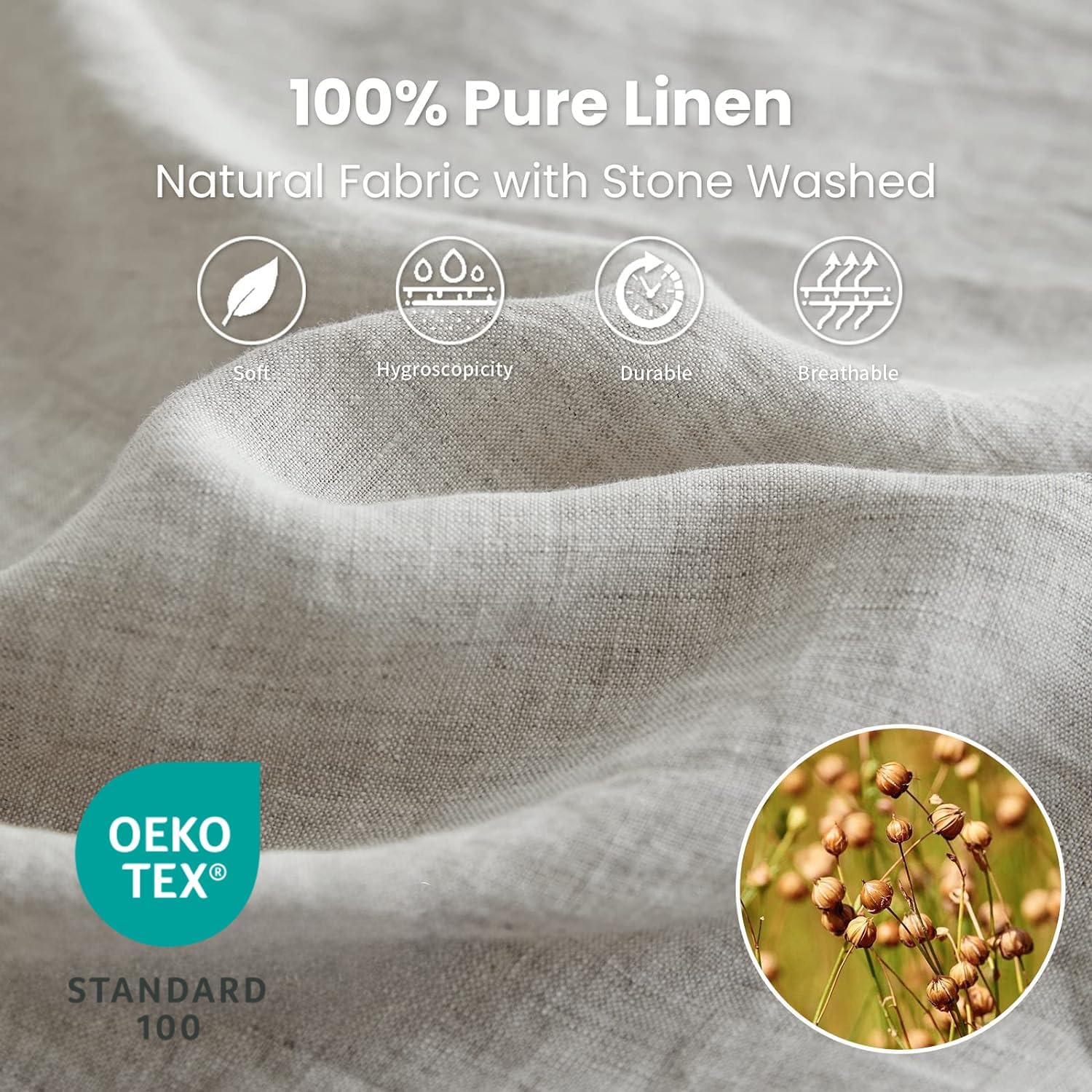 Simple&Opulence 100% Linen Sheet Set 4 Pieces Natural France Flax Bed Sheet (1 Flat Sheet, 1 Fitted Sheet, 2 Pillowcases) Breathable Luxury Hotel Bedding - Embroidery Linen, King Size