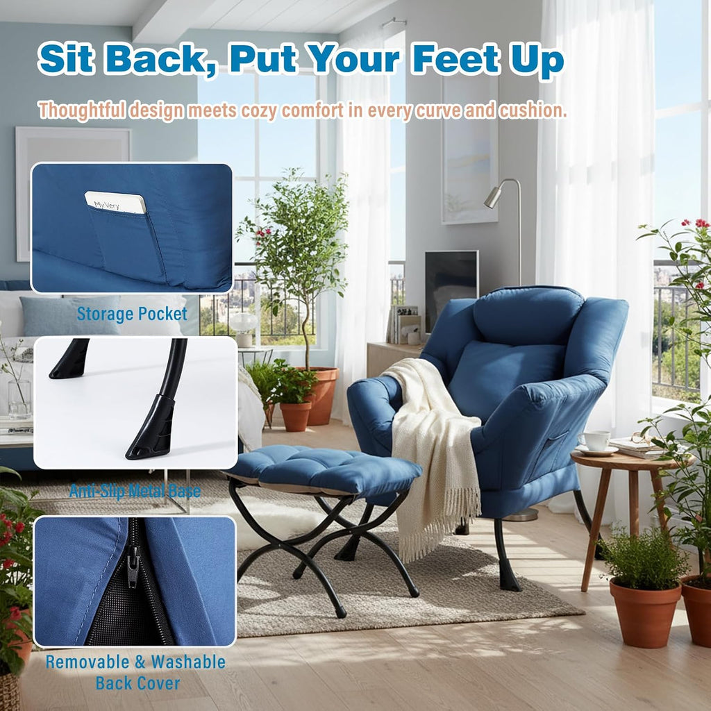 Lazy Chair with Ottoman, Reading Chair with a Pillow, Leisure Sofa Armchair with Ottoman, Large Accent Chair for Bedroom, Living Room, Dorm Room, Peach Royal Blue