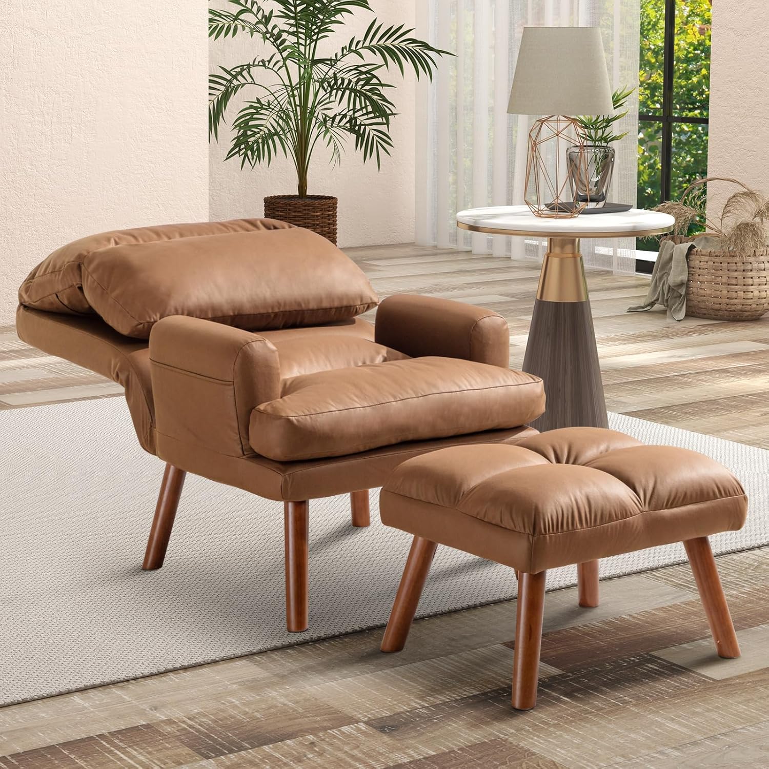 CANMOV Modern Accent Chair with Ottoman, Soft Fabric Armchair with Adjustable Backrest and Side Pockets, Comfy Lounge Chair for Living Room, Bedroom, Apartment, Office, Camel
