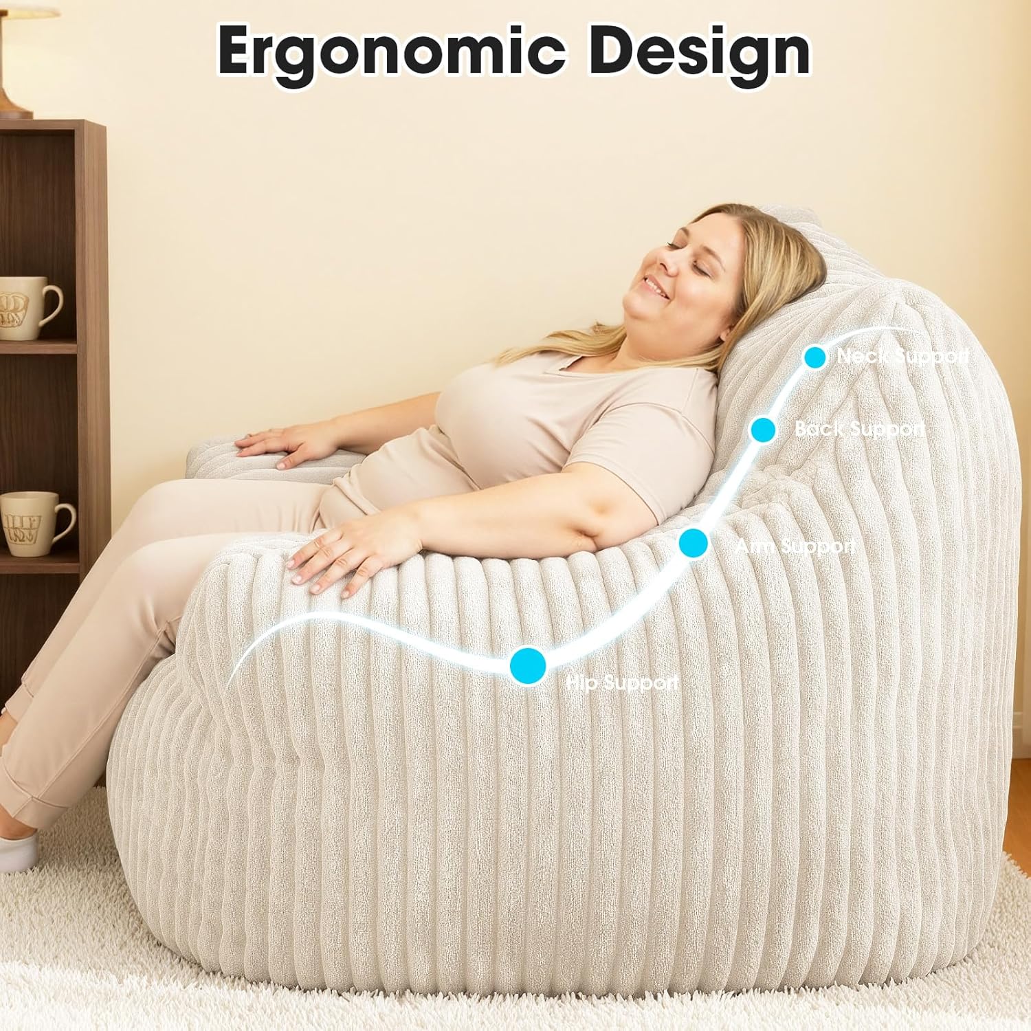 Giant Bean Bag Chair for Adults, Oversized Memory Foam Bean Bag Sofa with Armrests, Large Comfy Fluffy Single Lounges Mini Couch for Living Room, Bedroom & Dorm(Beige)