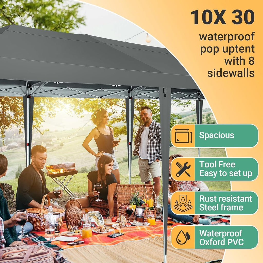 COBIZI 10x30 Canopy Party Tent with 8 Walls 10x30 Pop Up Canopy for Parties Waterproof UPF 50+ Outdoor Commercial Event Tent for Party Backyard Gazebo Canopy with Sidewalls & Sandbags(Gray)