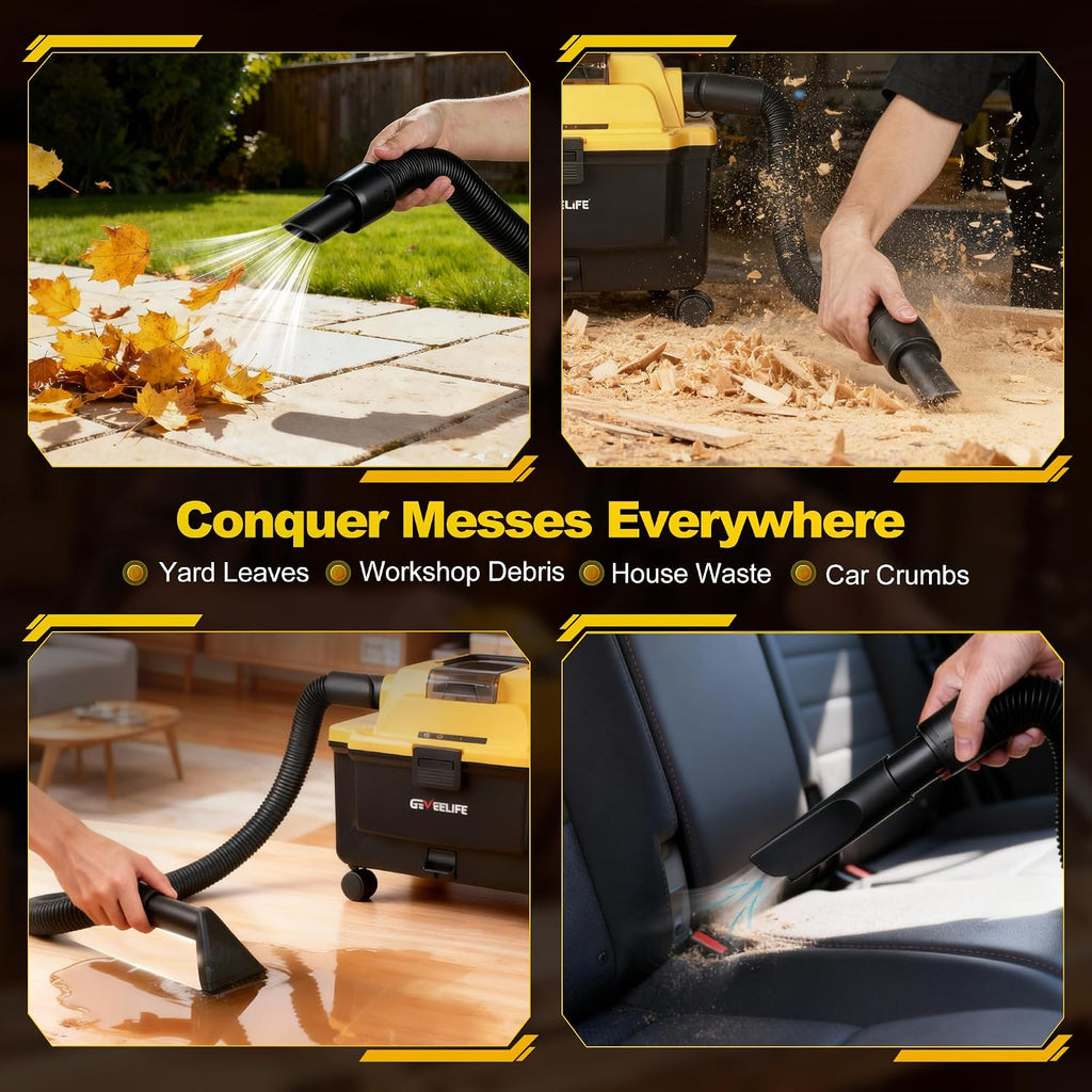 GEVEELIFE Cordless Shop Vac Wet and Dry, 4.3 Gallon Shop Vac with 5.0Ah Battery Powered, Fast Charger, HEPA Filter, Strap & Wheels, 3-in-1 Wet Dry Vacuum Cleaner for Garage, Car, Workshop