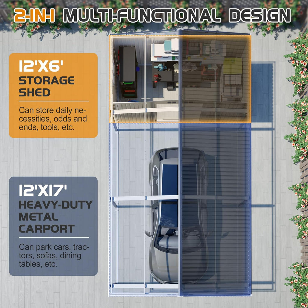 KEIKI 12x23 FT Heavy Duty Metal Carport with Storage Shed, Steel Garage Shelter with Sliding Door, Waterproof Sloped Roof, UV Protection Panels, Outdoor Car Canopy for Car, Boat, Tractor