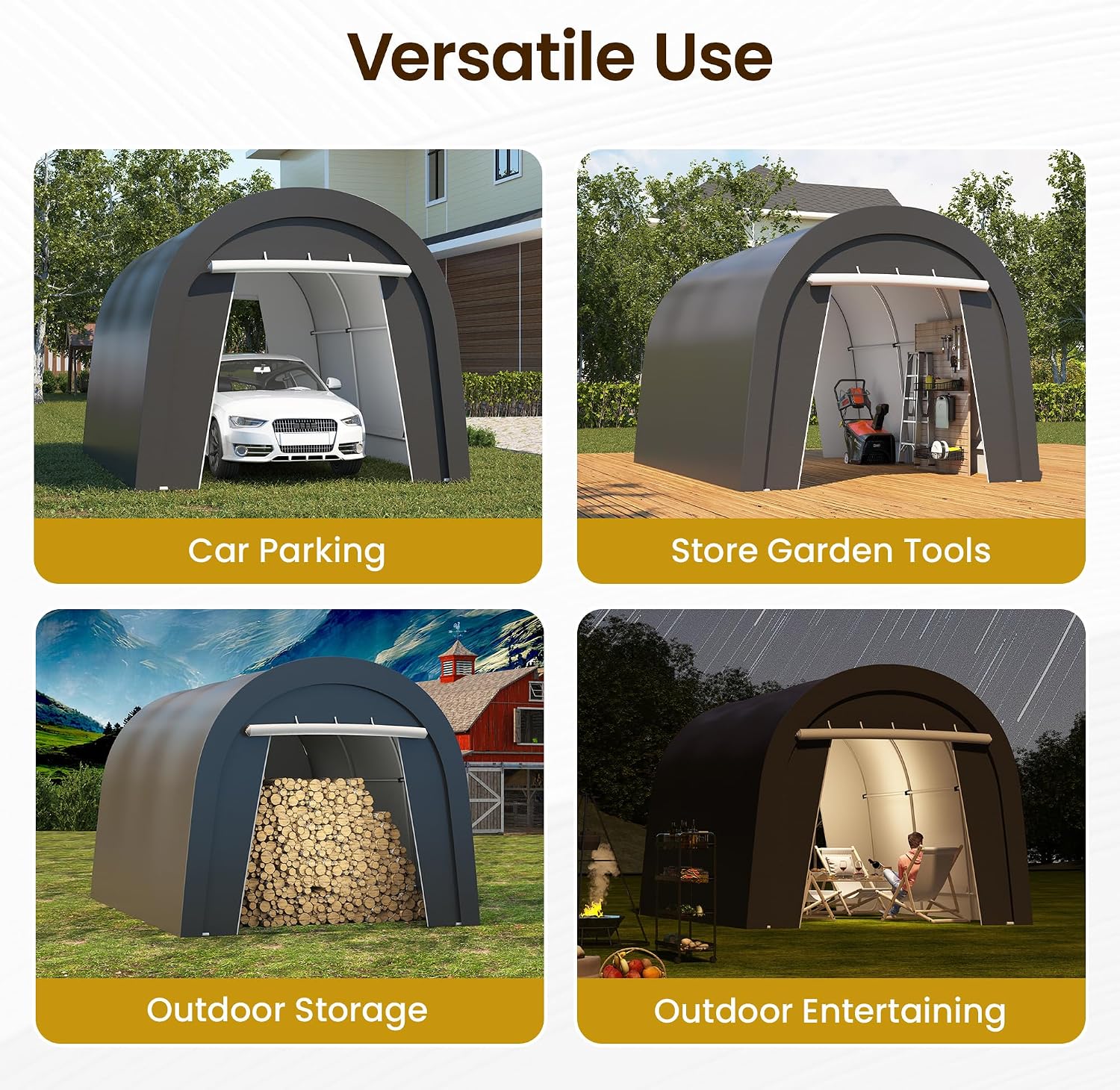 FansaFurn Domed Carport with 4 Cloth Bags, Portable Garage with 2 Roll-up Doors, Heavy Duty Car Canopy Party Tent, All-Season Storage Shelter Shed for Cars, Truck, or Garden Tools, 10' x 15'