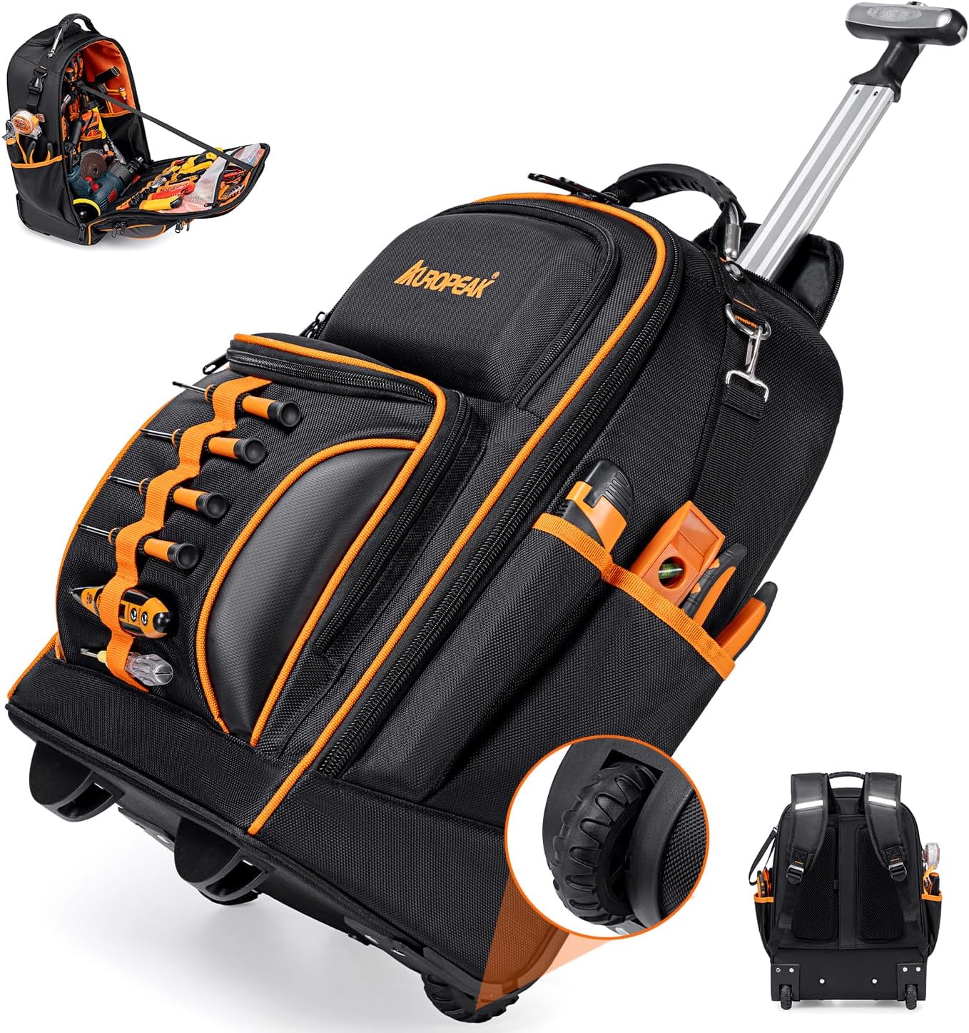 2-In-1 Rolling Tool Backpack Heavy Duty, Rolling Tool Bag with Wheels, 63-Pocket Tool Bags for Men, Waterproof Rolling Tool Backpack for Hvac Electrician Construction Mechanic