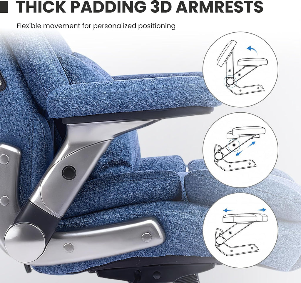 750lbs Heavy Duty Desk Chair with 3D Kneading Massage, Big and Tall Office Chairs with Ergonomic Support, 3D Armrests, 5 Quiet Dual Rubber Wheel, Thick Pocket Spring Cushion(Blue, Fabric)