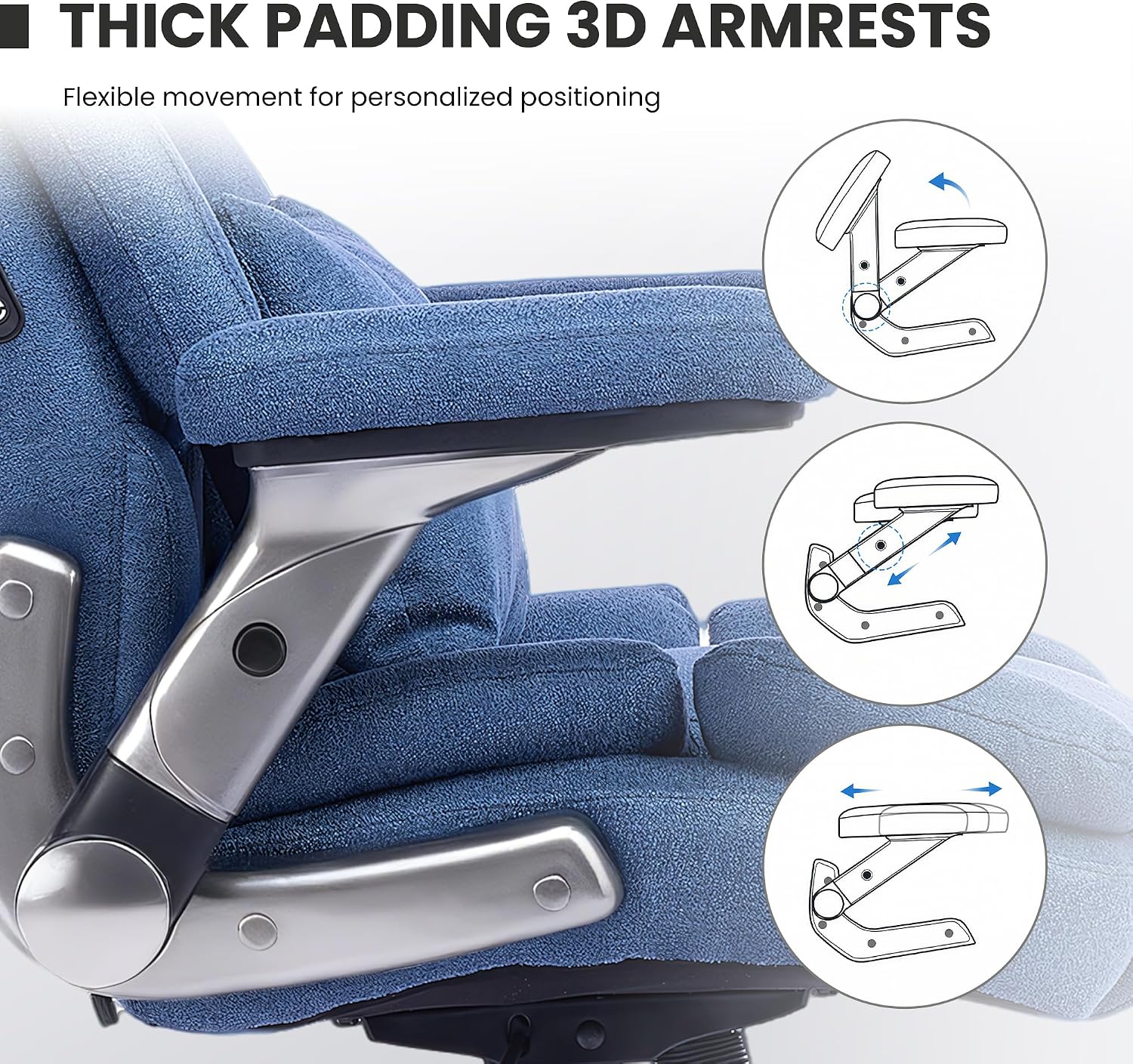 750lbs Heavy Duty Desk Chair with 3D Kneading Massage, Big and Tall Office Chairs with Ergonomic Support, 3D Armrests, 5 Quiet Dual Rubber Wheel, Thick Pocket Spring Cushion(Blue, Fabric)