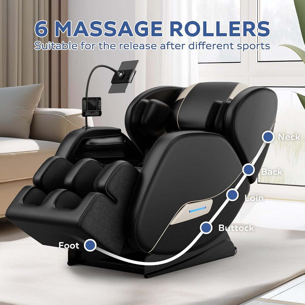 Zero Gravity Massage Chair Recliner with 8 Roller Heads, Full Body Air Pressure System, Heated Waist and Legs, Foot Roller Therapy, Bluetooth Audio, Automatic Programs for Home Office, Black