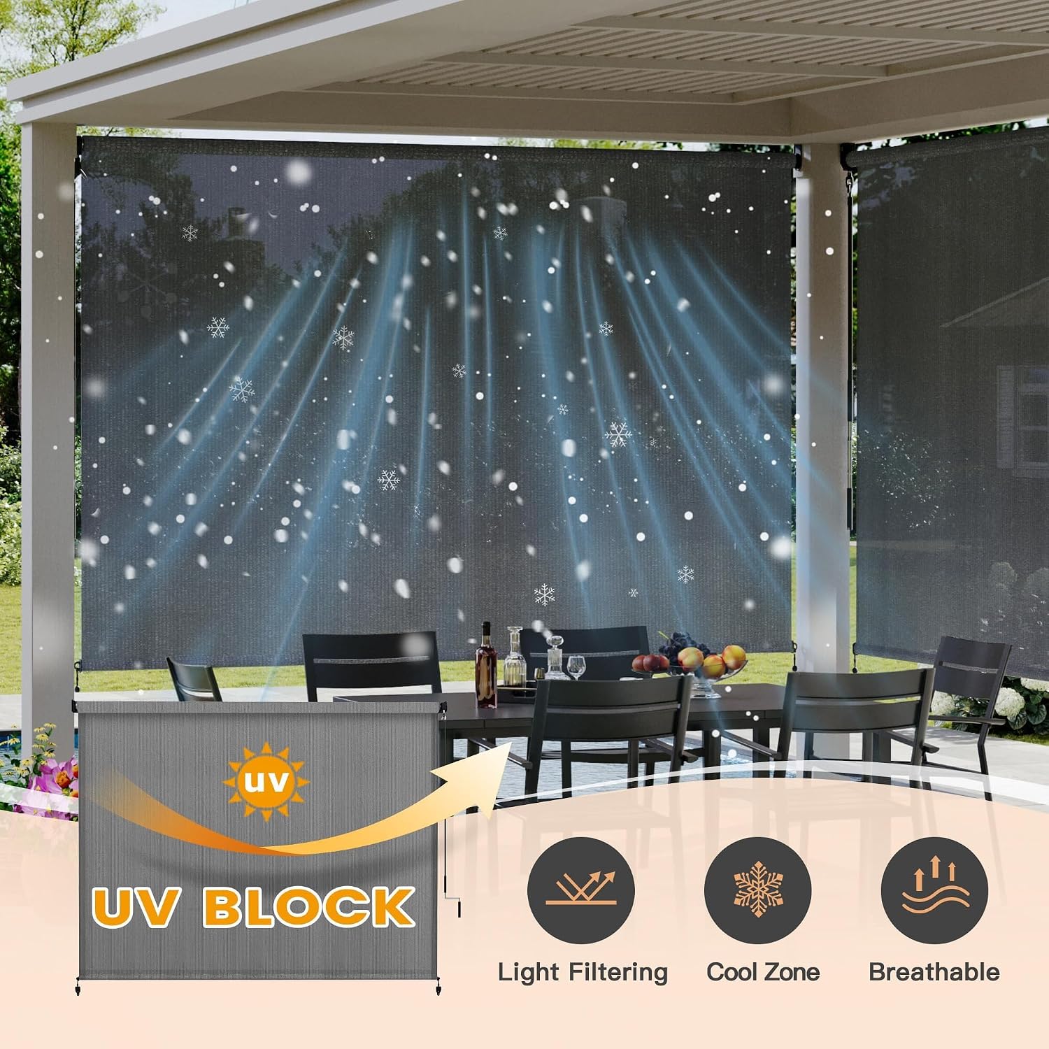 VICLLAX Outdoor Roller Shade (10' W×8' L), Patio Cordless Roller Blinds, Exterior Roll Up Shade with Spliced Design for Patio Porch Gazebo, Grey