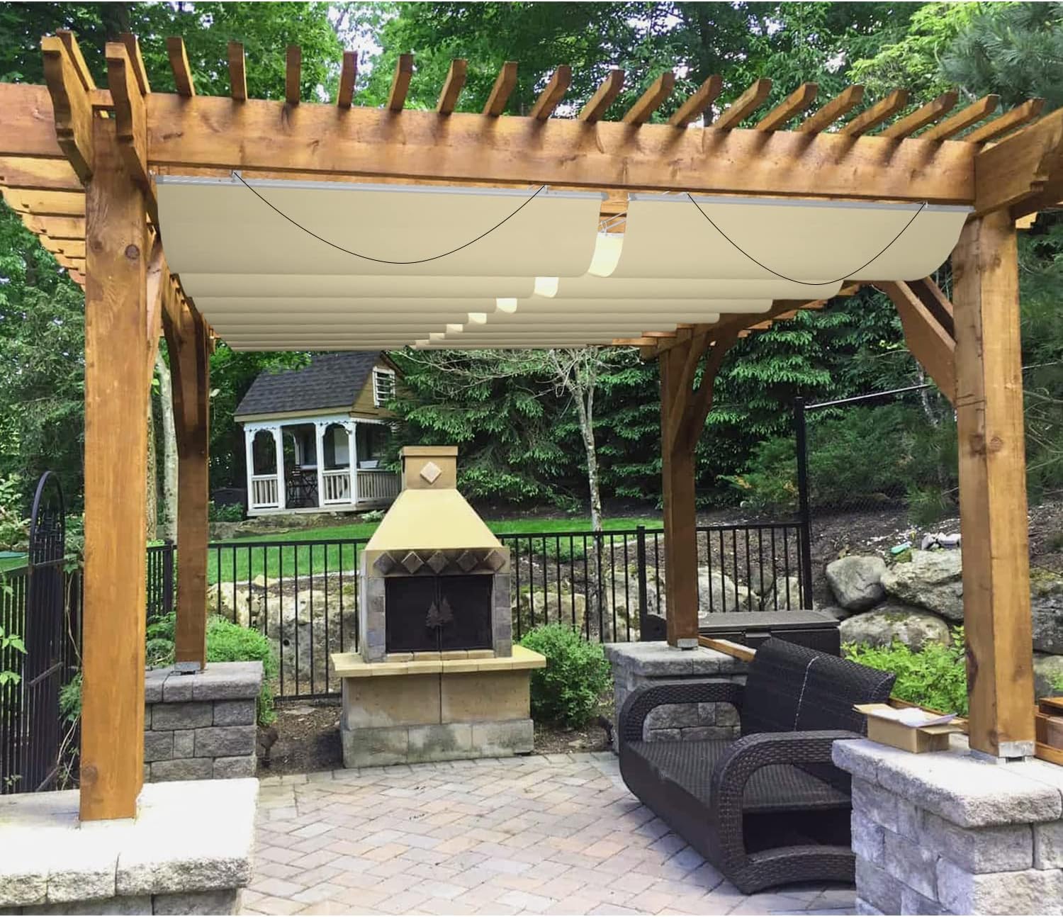 Patio 4'W x 8'L Waterproof Pergola Shade Cover Retractable Canopy Replacement, Outdoor Pergolas Fabric Covers for Patio, Sun Shades Cloth with Slide-On Wire Cable for Deck Gazebo Backyard, Beige