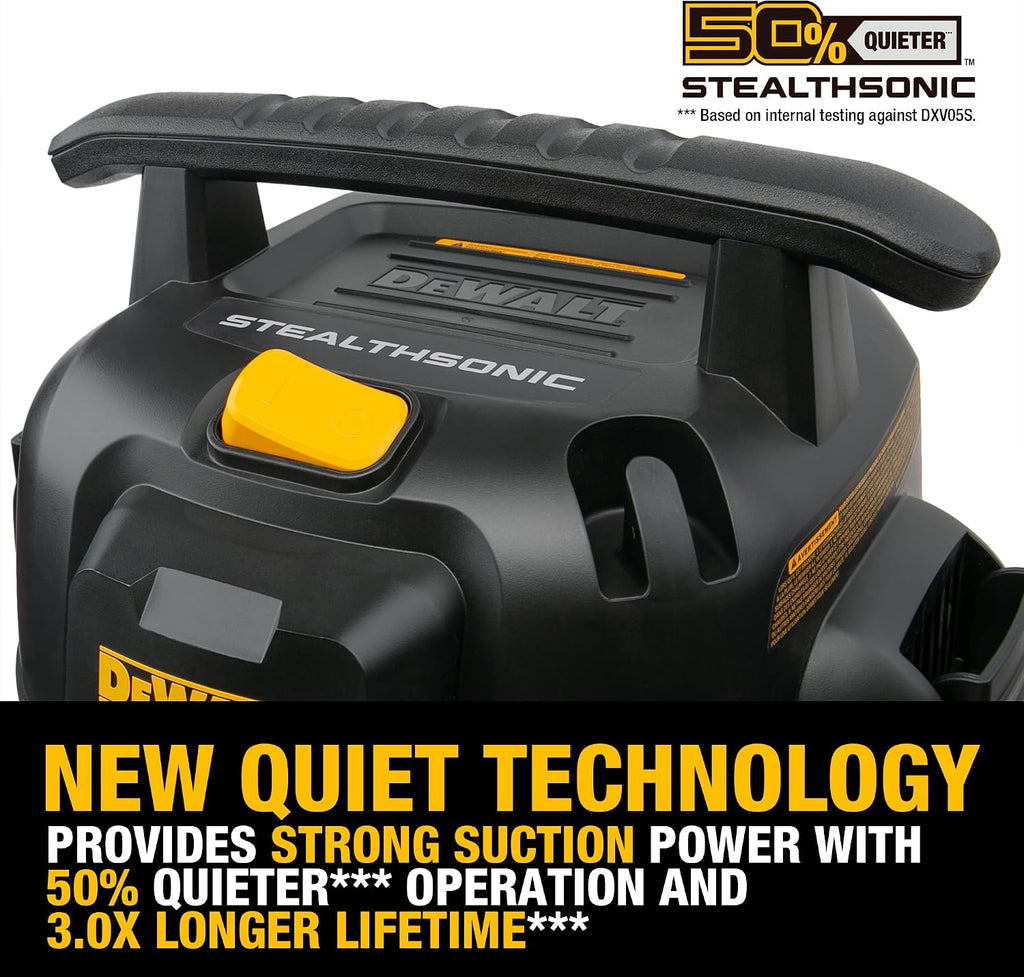 DEWALT 5 Gallon 4 HP STEALTHSONIC Shop Vacuum Wet and Dry DXV05S-QTB with 6 Dust Bags Ultra Quiet Stainless Steel Wet/Dry Vacuum Cleaner with Powerful Suction for Garage, Jobsite, and Workshop