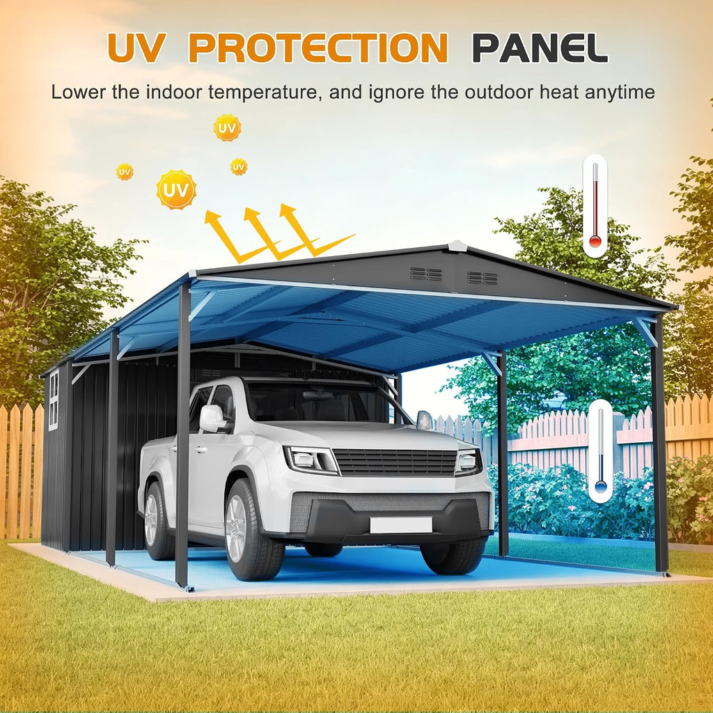 KEIKI 12x23 FT Heavy Duty Metal Carport with Storage Shed, Steel Garage Shelter with Sliding Door, Waterproof Sloped Roof, UV Protection Panels, Outdoor Car Canopy for Car, Boat, Tractor