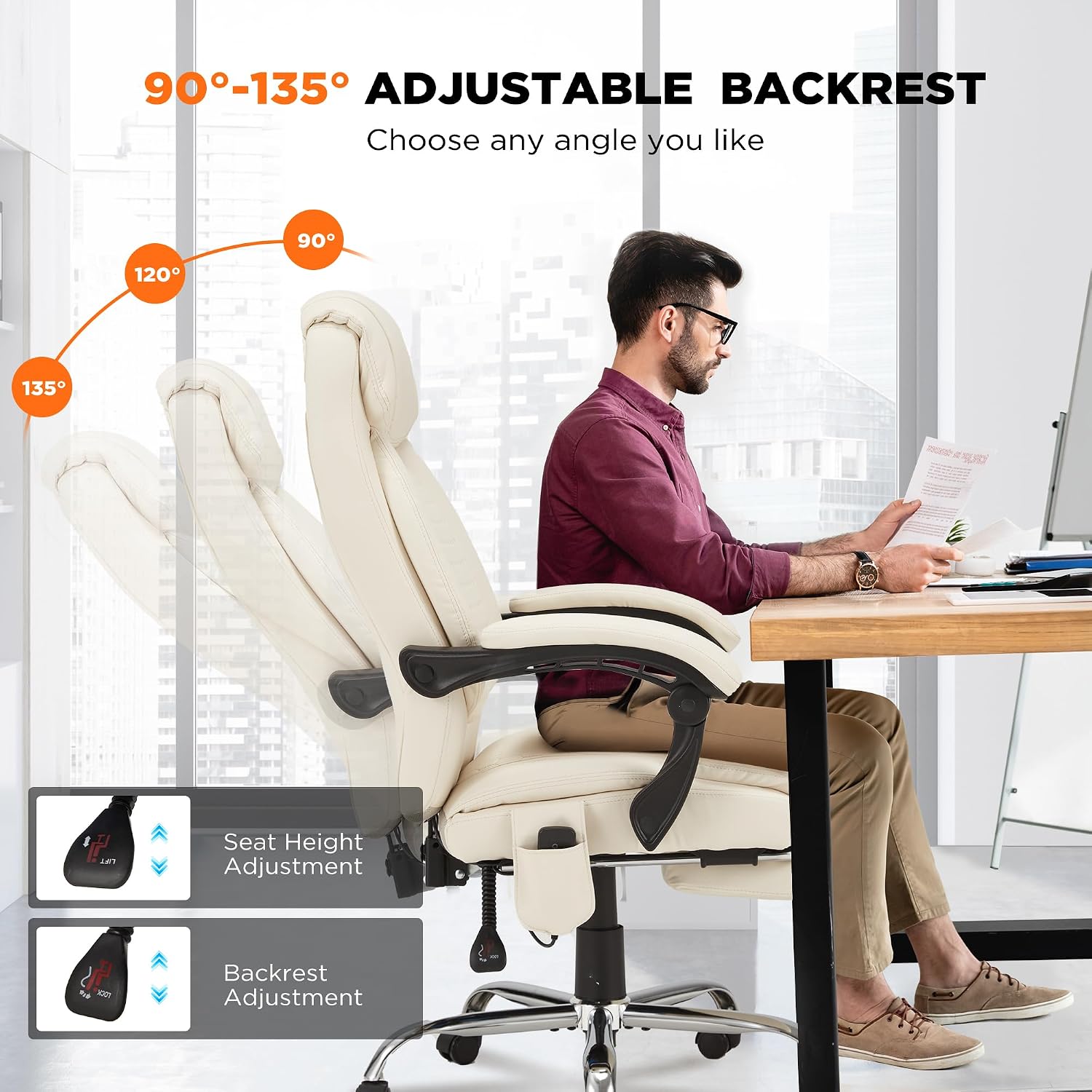 HOMREST 4-Point Massage Office Chair with Heating and Footrest, Reclining Executive Leather Desk Chair, Ergonomic Heated Managerial Chair for Home Office, Beige