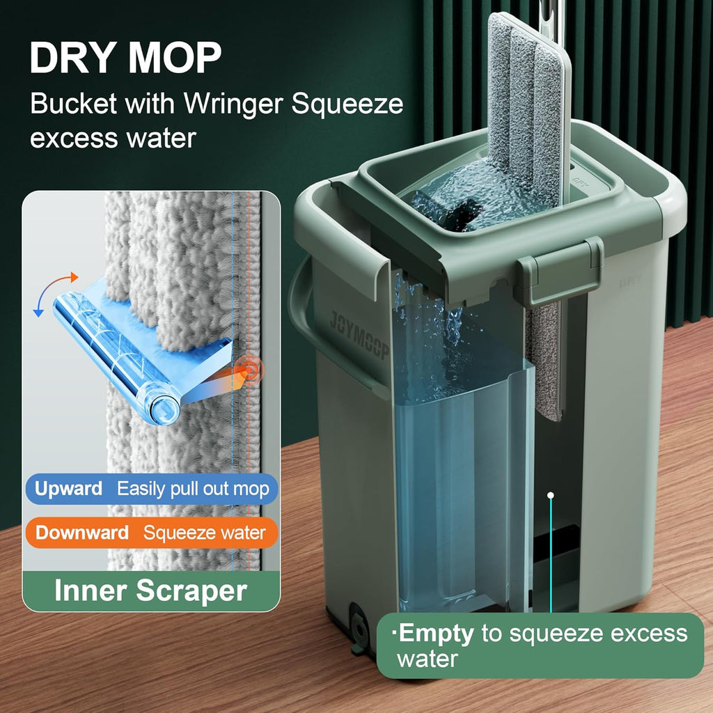 JOYMOOP Mop and Bucket Set for Household and Commercial Cleaning, Flat Mop System with 2 Mops and 8 Large Microfiber Pads for Floors and Walls