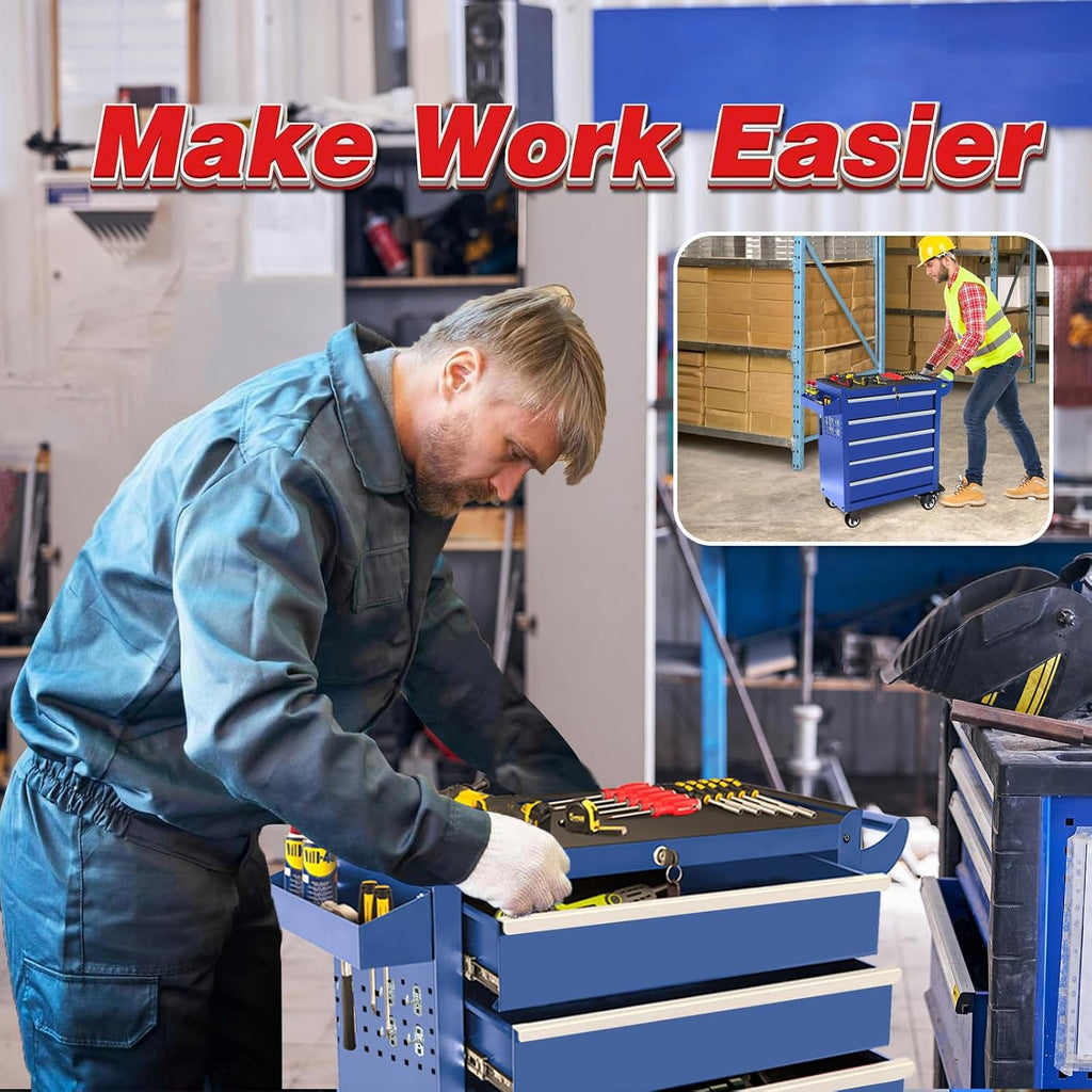 Rolling Tool Chest with Wheels, 5 Drawers Tool Storage Cabinet, Portable Metal Tool Box Organizer with Lock, Tool Cart on Wheels Toolbox Workbench for Garage, Workshop, Warehouse(Required Assembly)