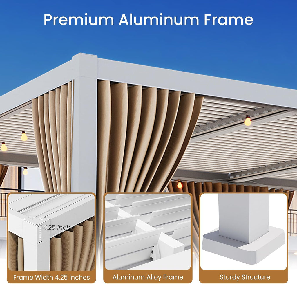 SUNBURY 10X 20FT Louvered Pergola, Outdoor Pergola, Aluminum with 4 Adjustable Roof, Netting & Privacy Curtains, Metal Roof Pergolas, Shade Cover for Patio, Backyard, Lawn, Garden, Deck (White)