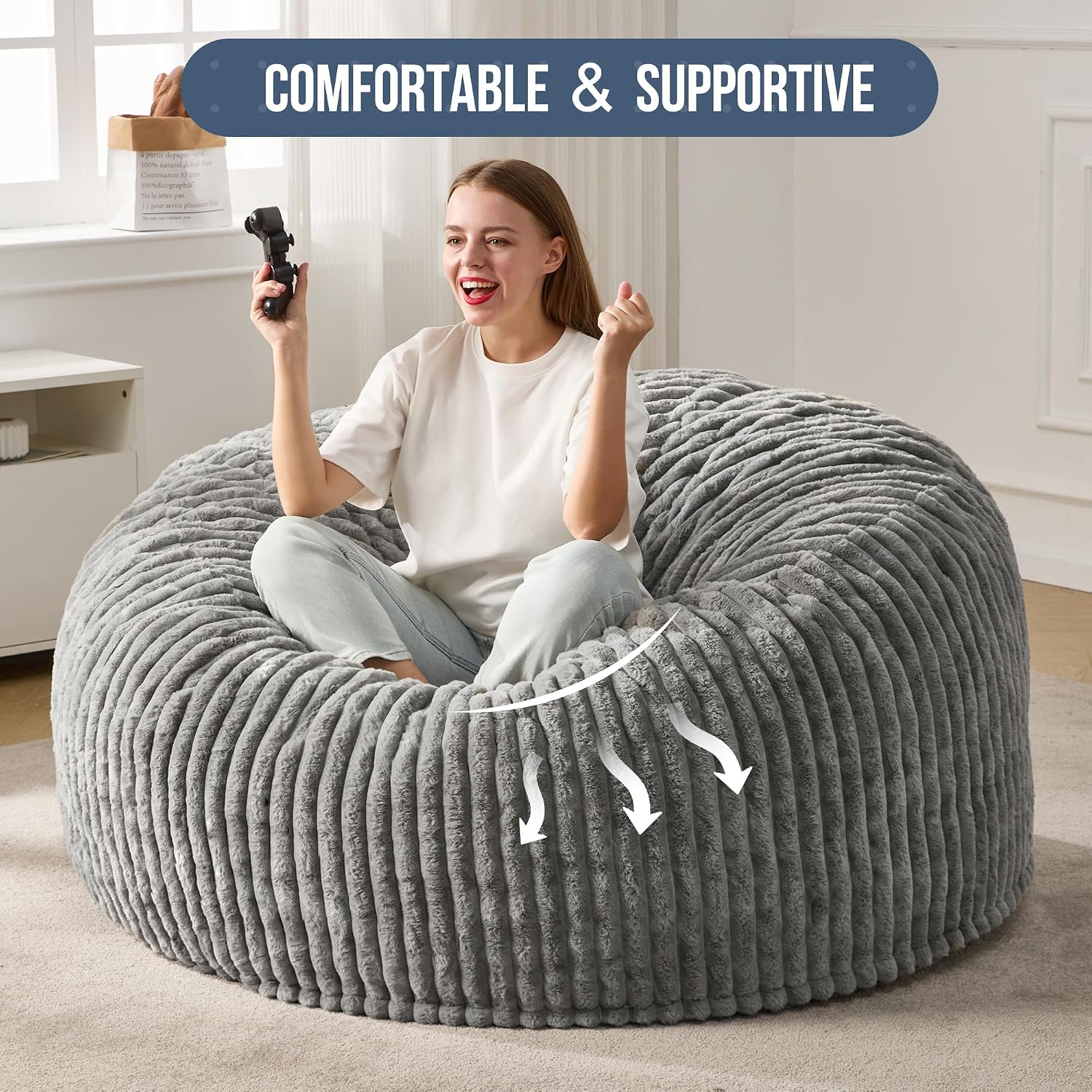 Hobestluk 5ft Bean Bag Chairs for Adults Large Beanbag Chair with Stripe Plush Cover Big Bean Bag Chair for Living Room Bedroom Dorm Office -Grey (50' x 50' x 24')