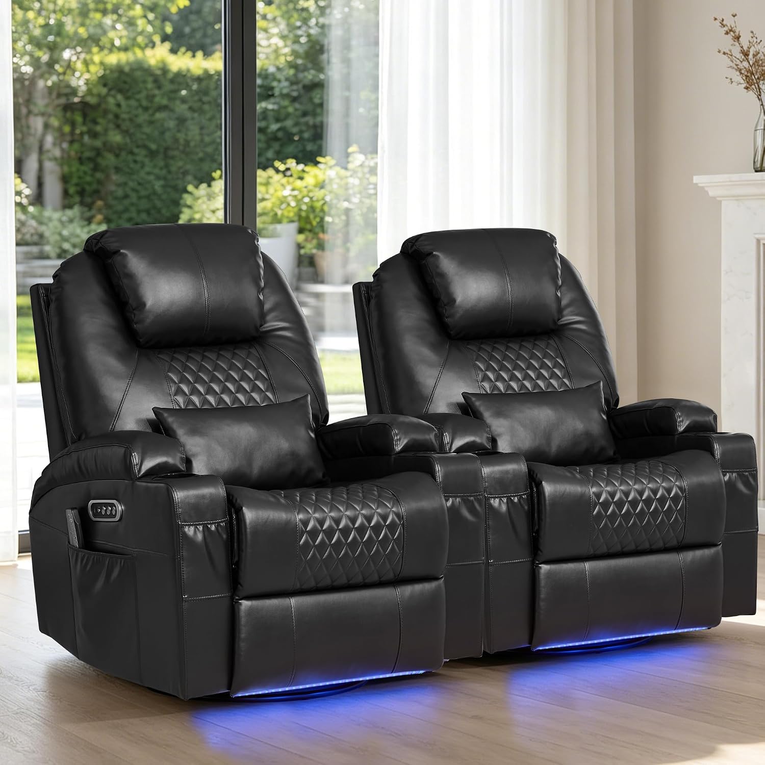 Dual Motor Power Swivel Rocker Recliner Chair for Adults with Heat and Massage,Electric Wall Hugger Glider Rocking Recliner for Nursery Living Room with LED Lights,USB A&C Ports(Black, Set of 2)