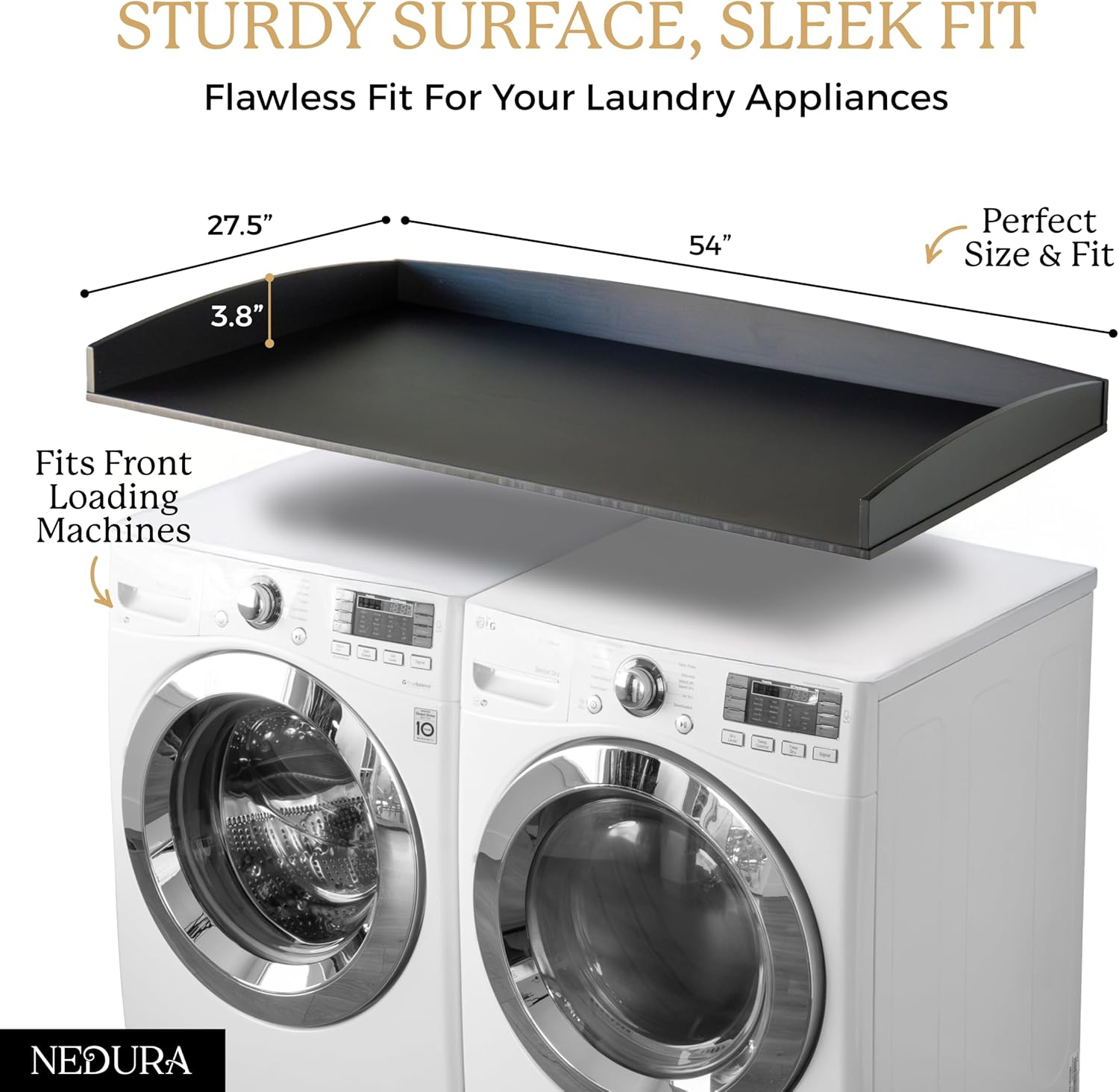 Nedura Washer Dryer Countertop w/Anti-Vibration Pads & Curved Edge Rails, Premium Bamboo Laundry Countertop, Washer Dryer Topper, Laundry Room Organization, Laundry Accessory, Designed in USA - Black
