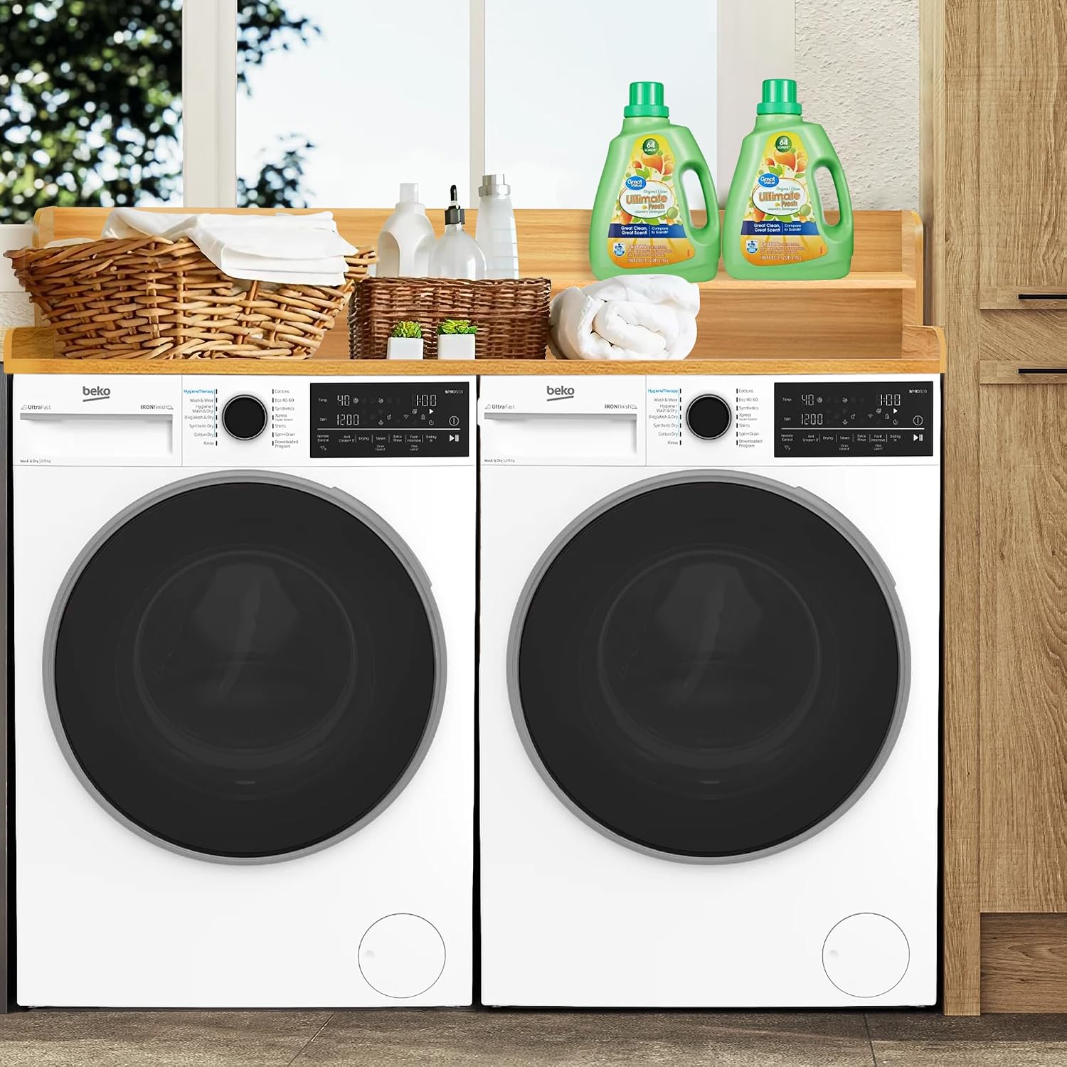 Royxen Laundry Countertop with 2-Tier Shelf Universal Fit, Washer and Dryer Countertop with Storage Space, Shelf Height 11.5 Inches, Solid Wood Core, Oak