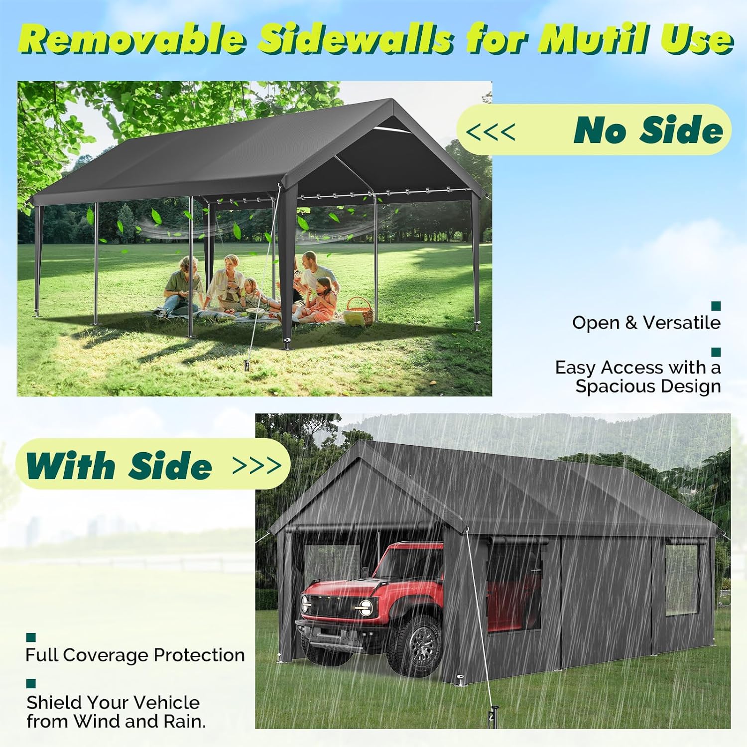 Velway Carport 12x20ft Heavy-Duty Canopy - Portable Garage Metal Carport Featuring Galvanized Frame Waterproof & UV-Protected Tarp with Removable Sidewalls & Doors for Car, Truck, Boat