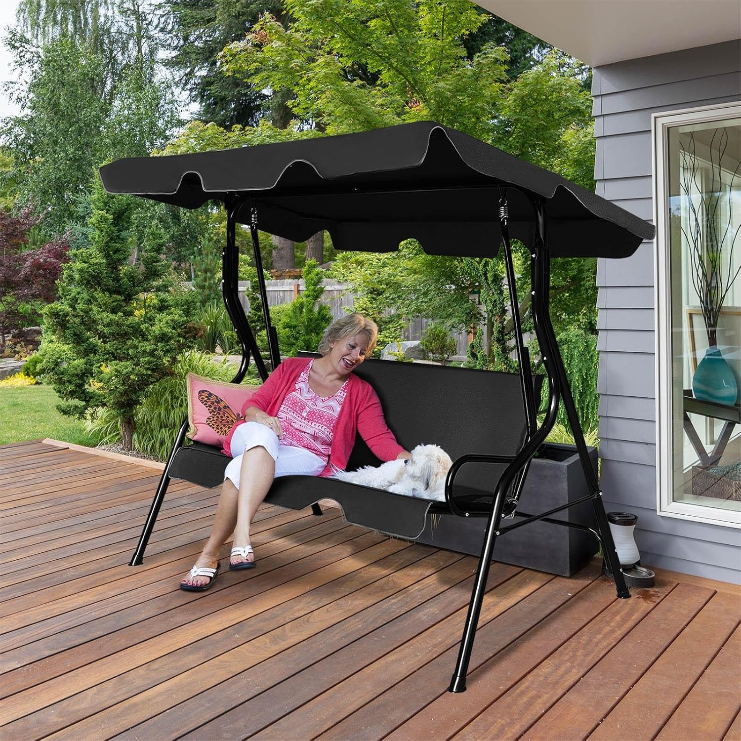 DREAMADE Porch Swing Outdoor, 3 Person Patio Swing w/Removable Cushion, Stand & Adjustable Canopy, Heavy Duty Swing Chair for Patio, Garden, Courtyard, Poolside