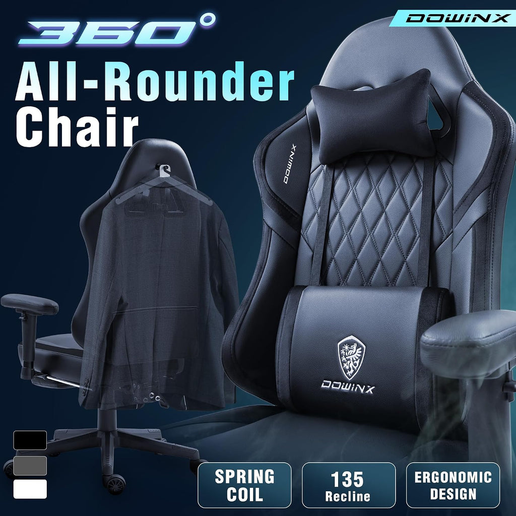 Dowinx LS-66T50EJP Gaming Chair with Pocket Spring Cushion and Hanger, Massage Game Chair Pu Leather with Headrest, Ergonomic Computer Chair with Footrest 300lbs for Adult, Black Grey