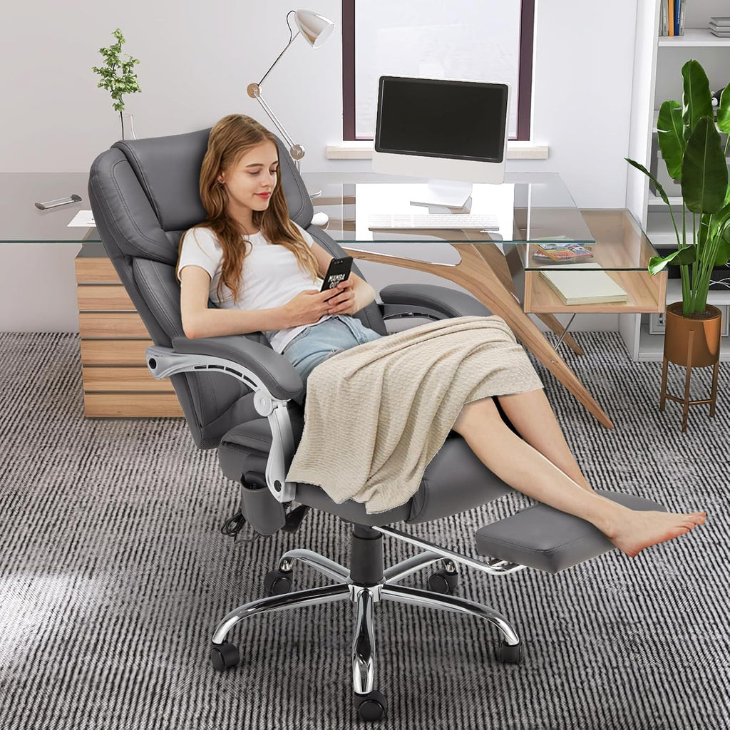 HOMREST 6-Point Massage Office Chair with Heat, Executive Office Chair with Footrest, Leather Computer Desk Chair with 135°Reclining Backrest for Home Office, Grey