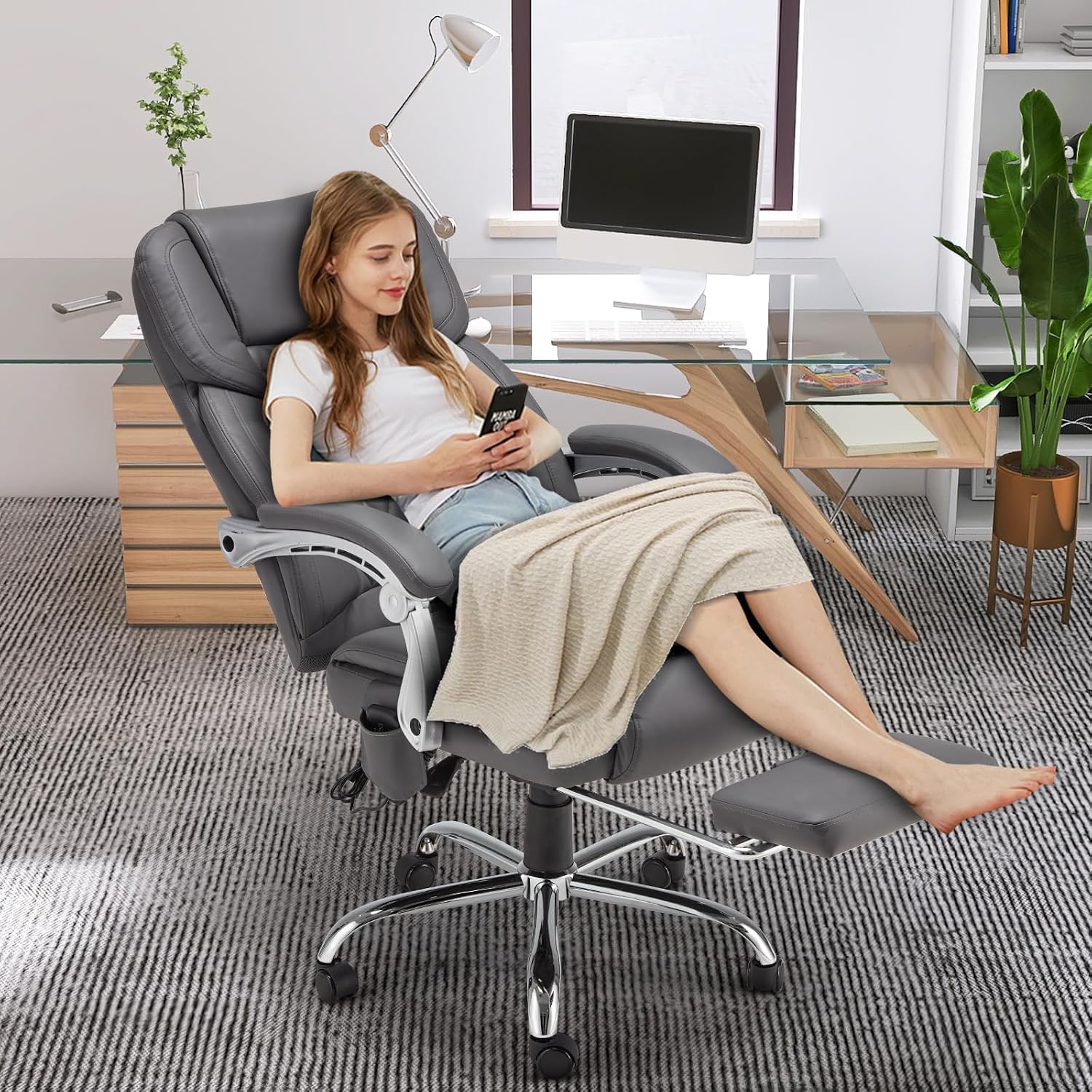 HOMREST 6-Point Massage Office Chair with Heat, Executive Office Chair with Footrest, Leather Computer Desk Chair with 135°Reclining Backrest for Home Office, Grey