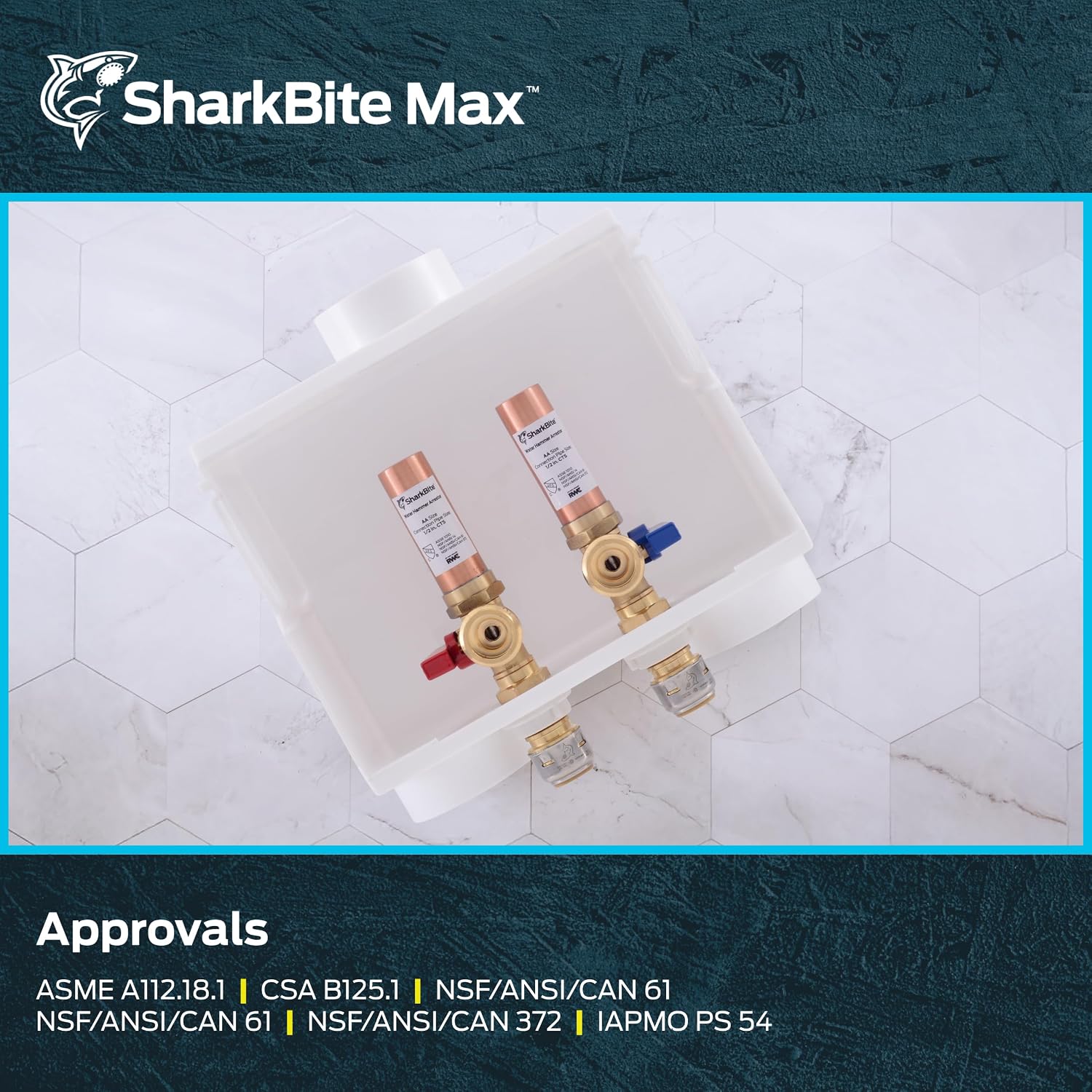 SharkBite Max 1/2 Inch x 3/4 Inch MHT Washing Machine Outlet Box with Water Hammer Arrestor, Push-to-Connect Brass Plumbing Fittings, PEX, Copper, CPVC, PE-RT, 25031 (Pack of 3)