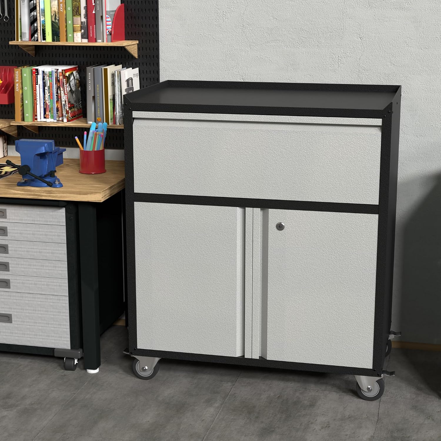 Locking Garage Metal Storage Cabinet on Wheels with 2 Door and 1 Drawer, Rolling Tool Cabinets for Garage, Warehouse, Utility Room, Black/Gray, Assembly Required