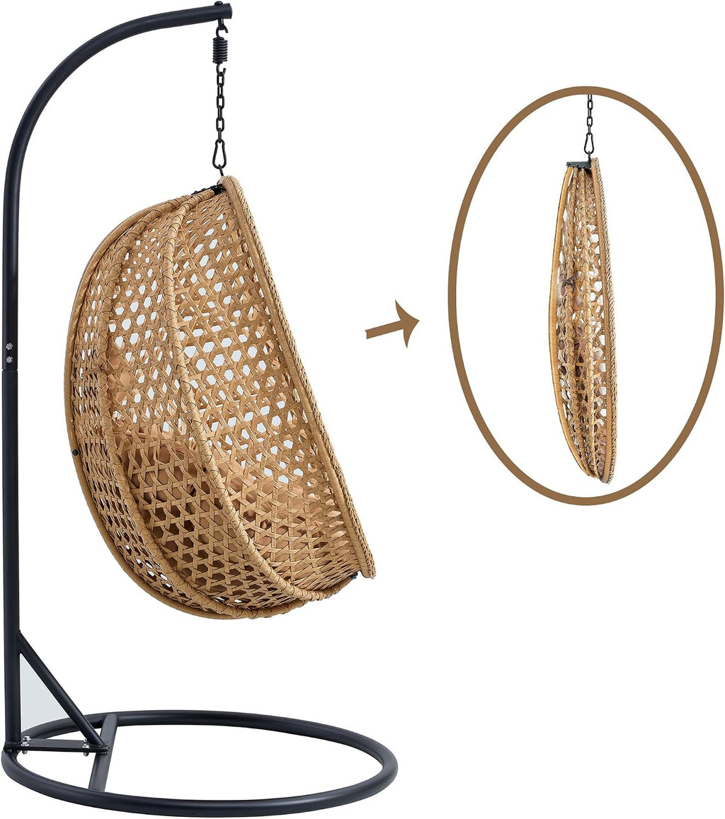 Swining Egg Chair with Stand,Wicker Rattan Hanging Egg Chairs, Patio Swing with UV Resistant Cushion, Outdoor Indoor Hanging with Foldable Basket & Metal Stand for Bedroom (Light Brown-S)