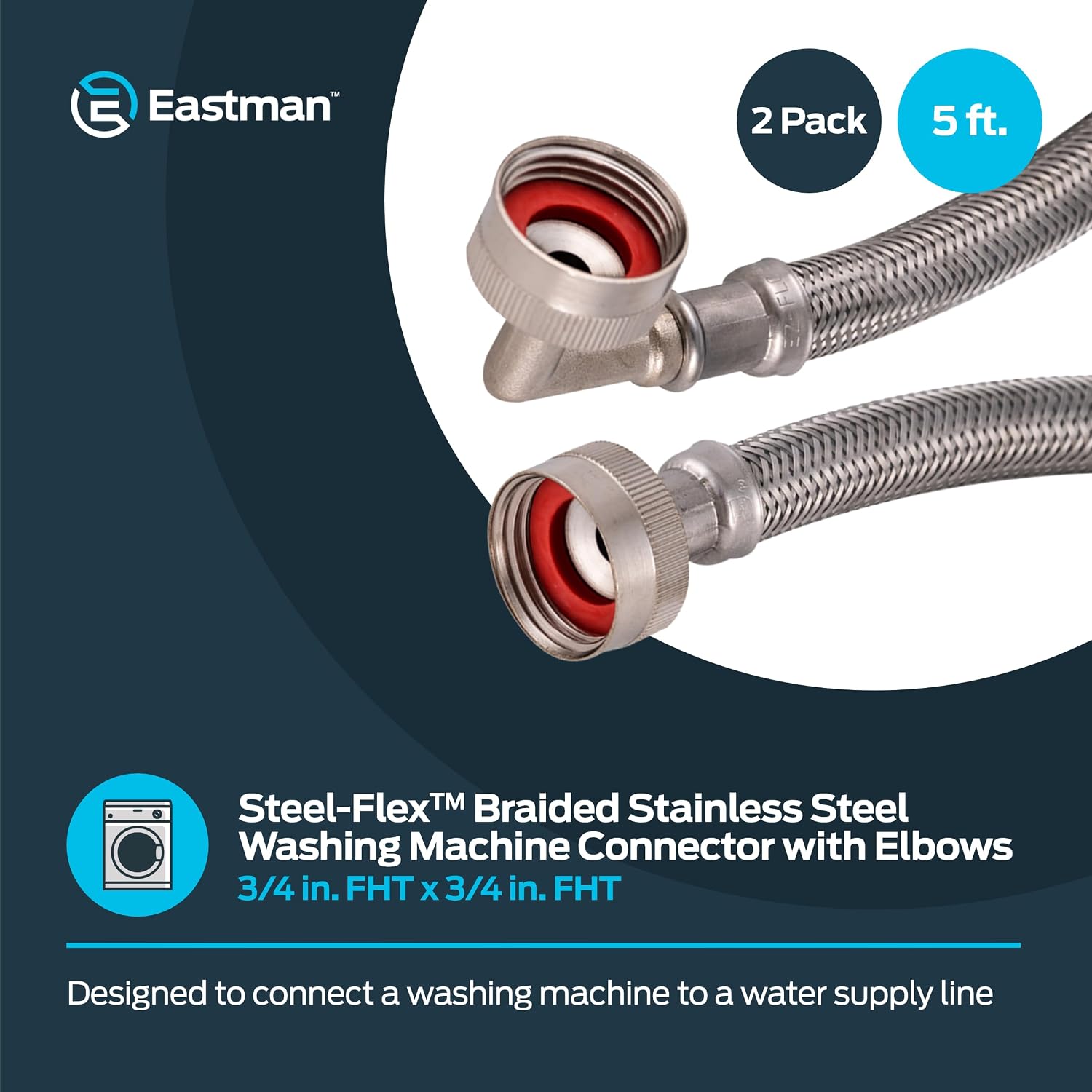 Eastman 5 ft Washing Machine Hose Connectors with Elbows, Pack of 2, 3/4 in FHT x 3/4 in FHT, Braided Stainless Steel, 41065 (Pack of 24)