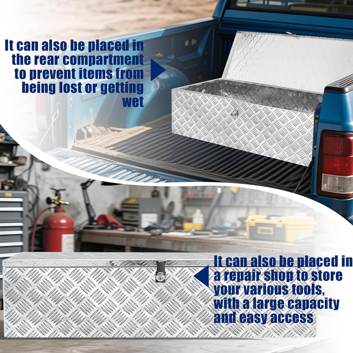 Aluminum Underbody Truck Box 49'×13'×10' Pick up Square Storage Toolbox Heavy Duty Diamond Plate Tool Boxes with Side Handle Buckle Lock and Keys for Storage and Organization