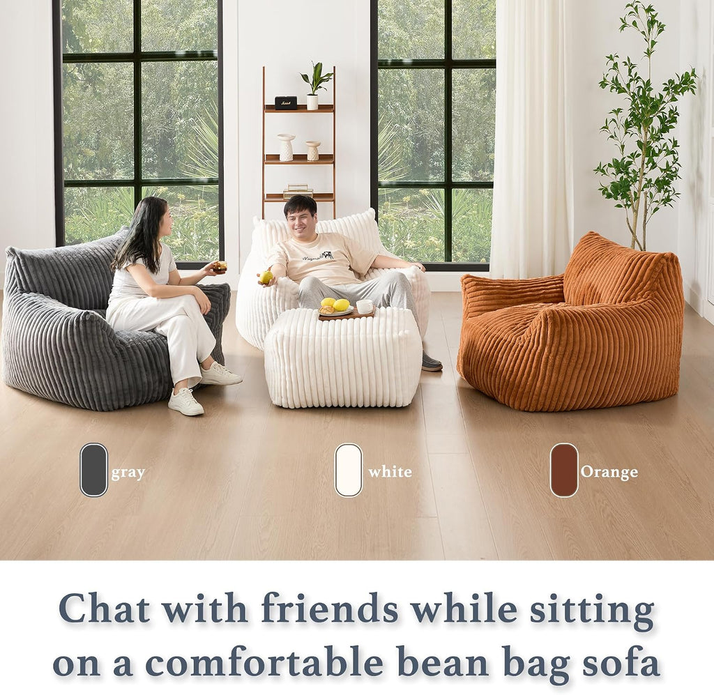 Gericco Oversized Bean Bag Chaise Lounge Chair Indoor for Adults with Armrests & Ottoman - Giant Comfy Gray Beanbag Floor Sofa Cloud Accent Chair for Reading, Gaming, Cozy Plush Cloud Mini Couch