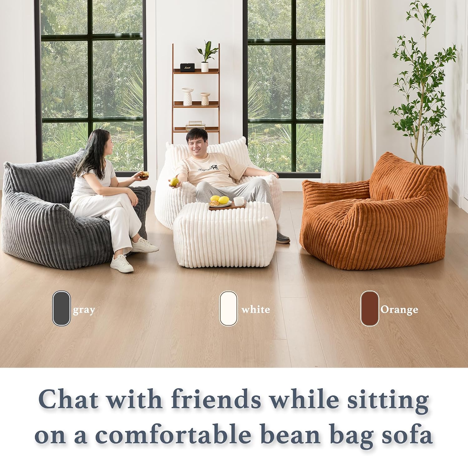 Gericco Oversized Bean Bag Chaise Lounge Chair Indoor for Adults with Armrests & Ottoman - Giant Comfy Gray Beanbag Floor Sofa Cloud Accent Chair for Reading, Gaming, Cozy Plush Cloud Mini Couch